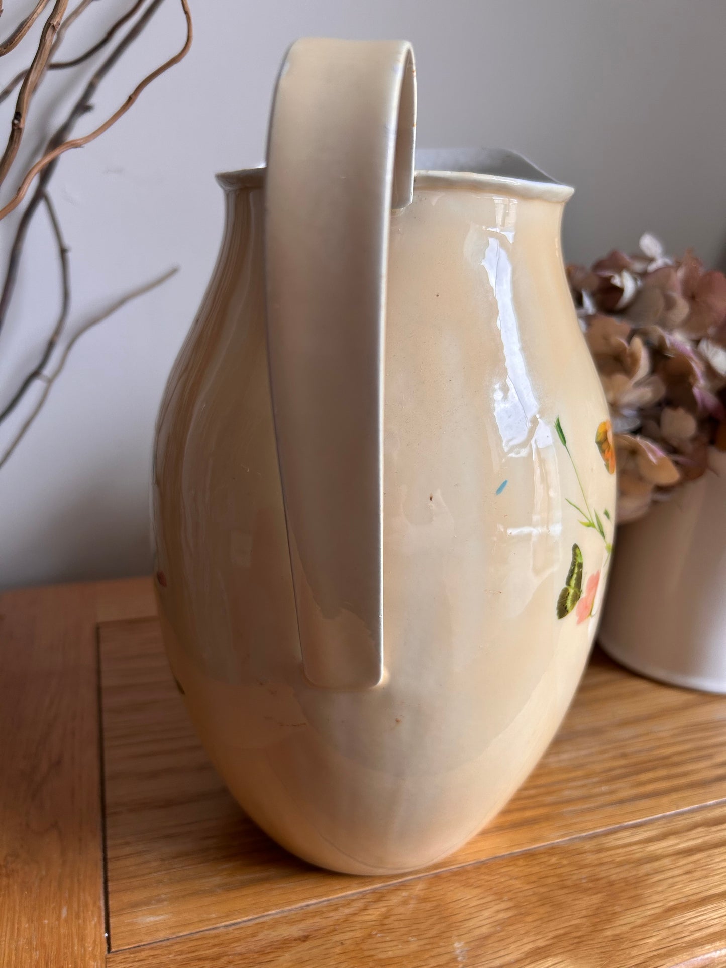 Vintage Pale Yellow Floral French Enamel Pitcher Jug