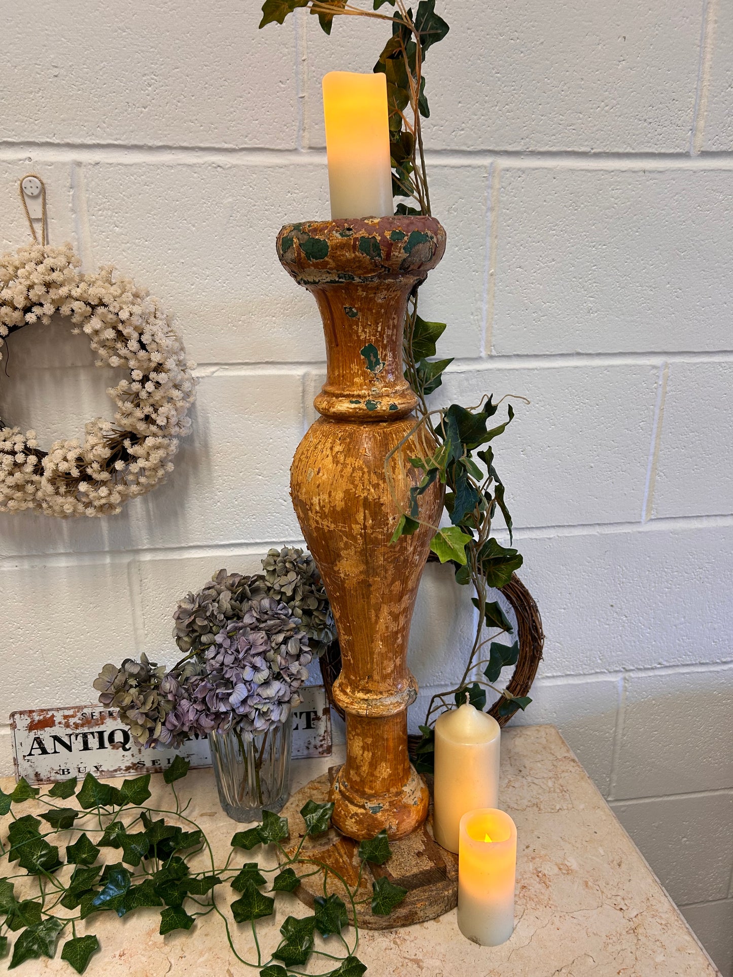 Shabby French 19thC Salvaged balistrail original paint repurposed candle stand