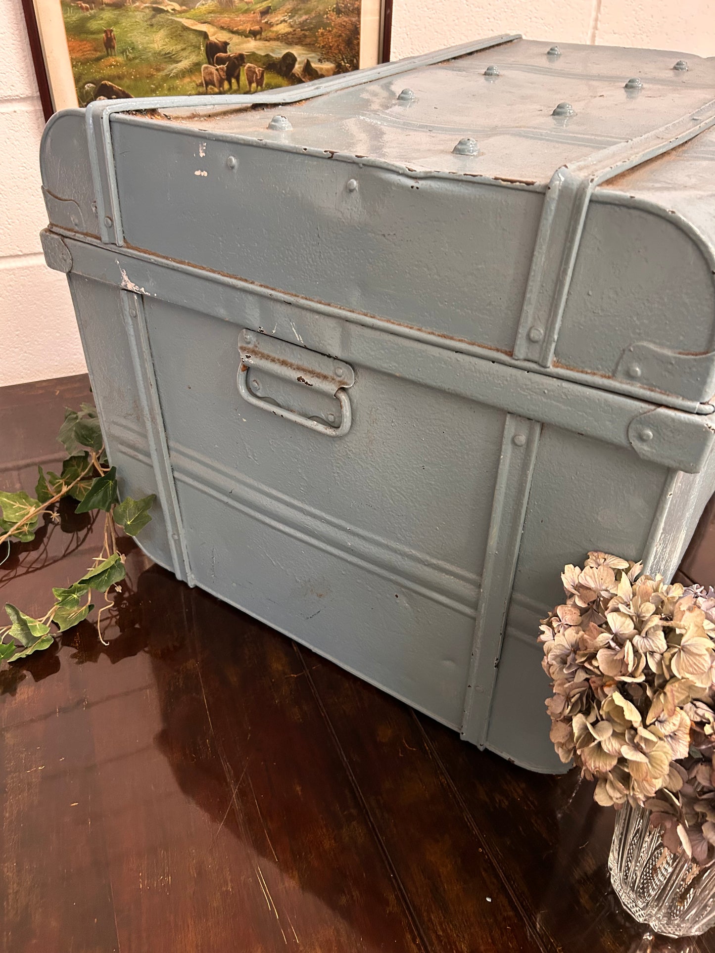 Large metal blue painted travelling trunk great coffee table or storage 