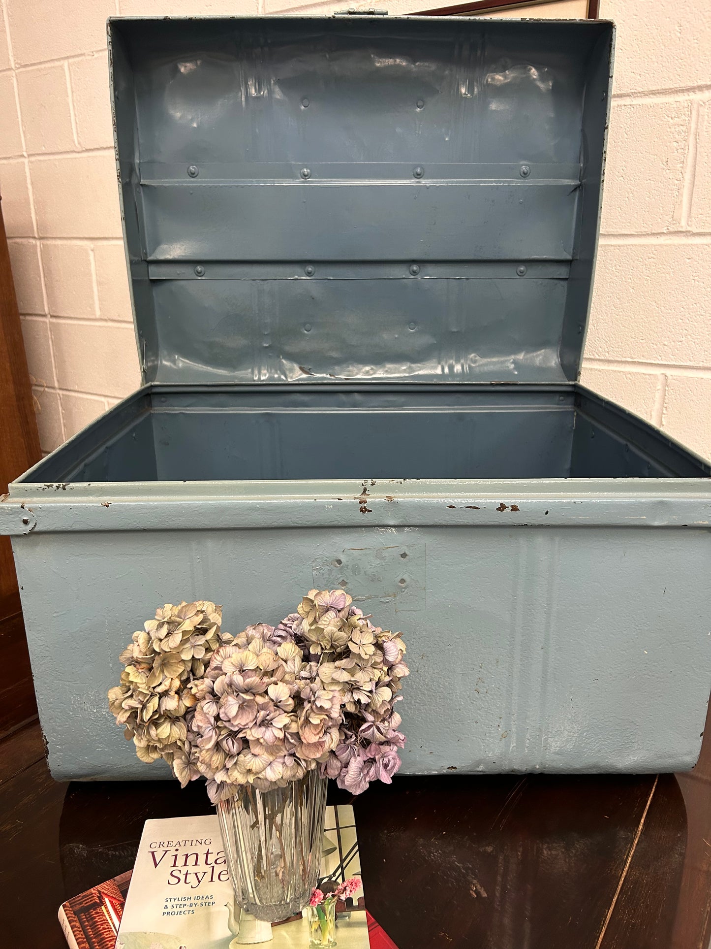 Large metal blue painted travelling trunk great coffee table or storage 