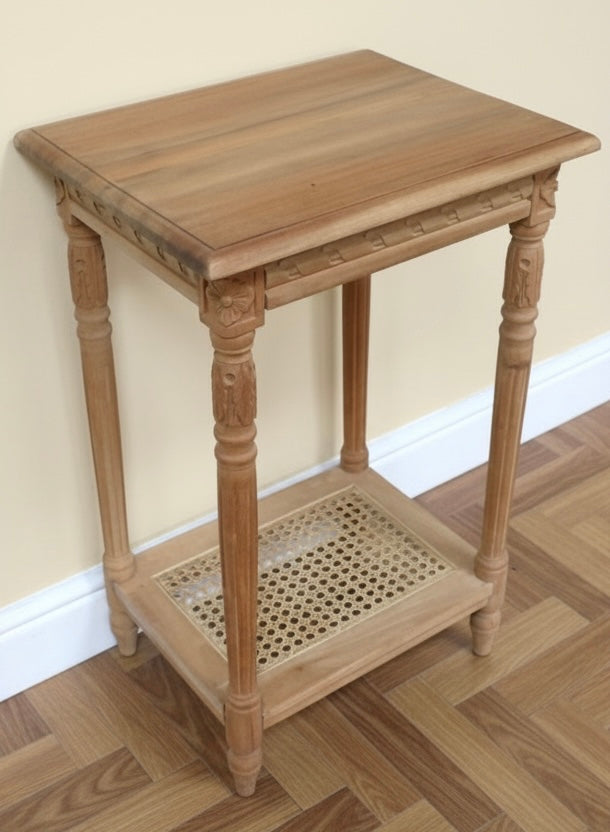 Carved Teak wooden side table with rattan undershelf waxed natural look