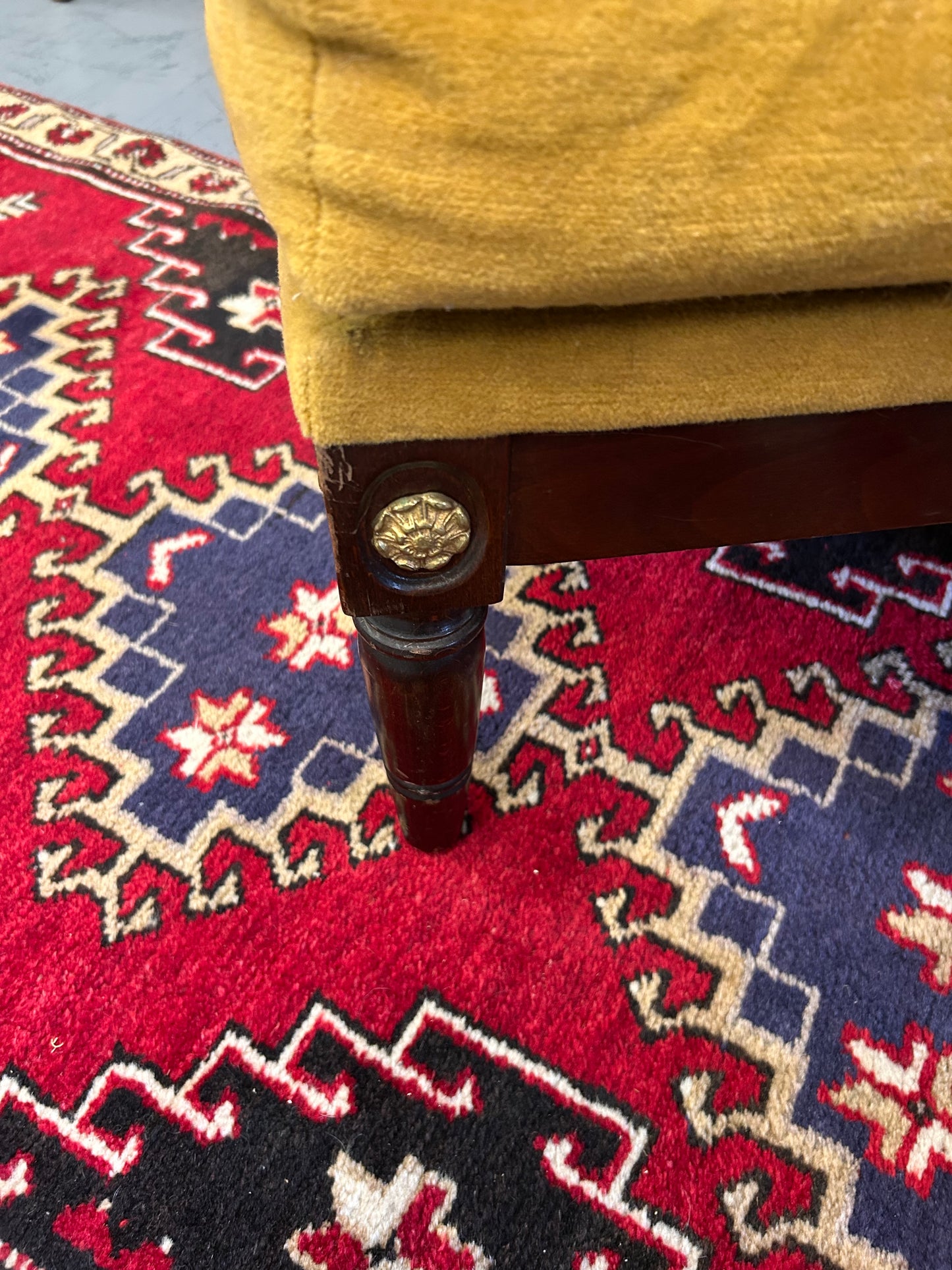 Low Yellow Velvet upholstered button footstool with gilt Yorkshire rose detail
