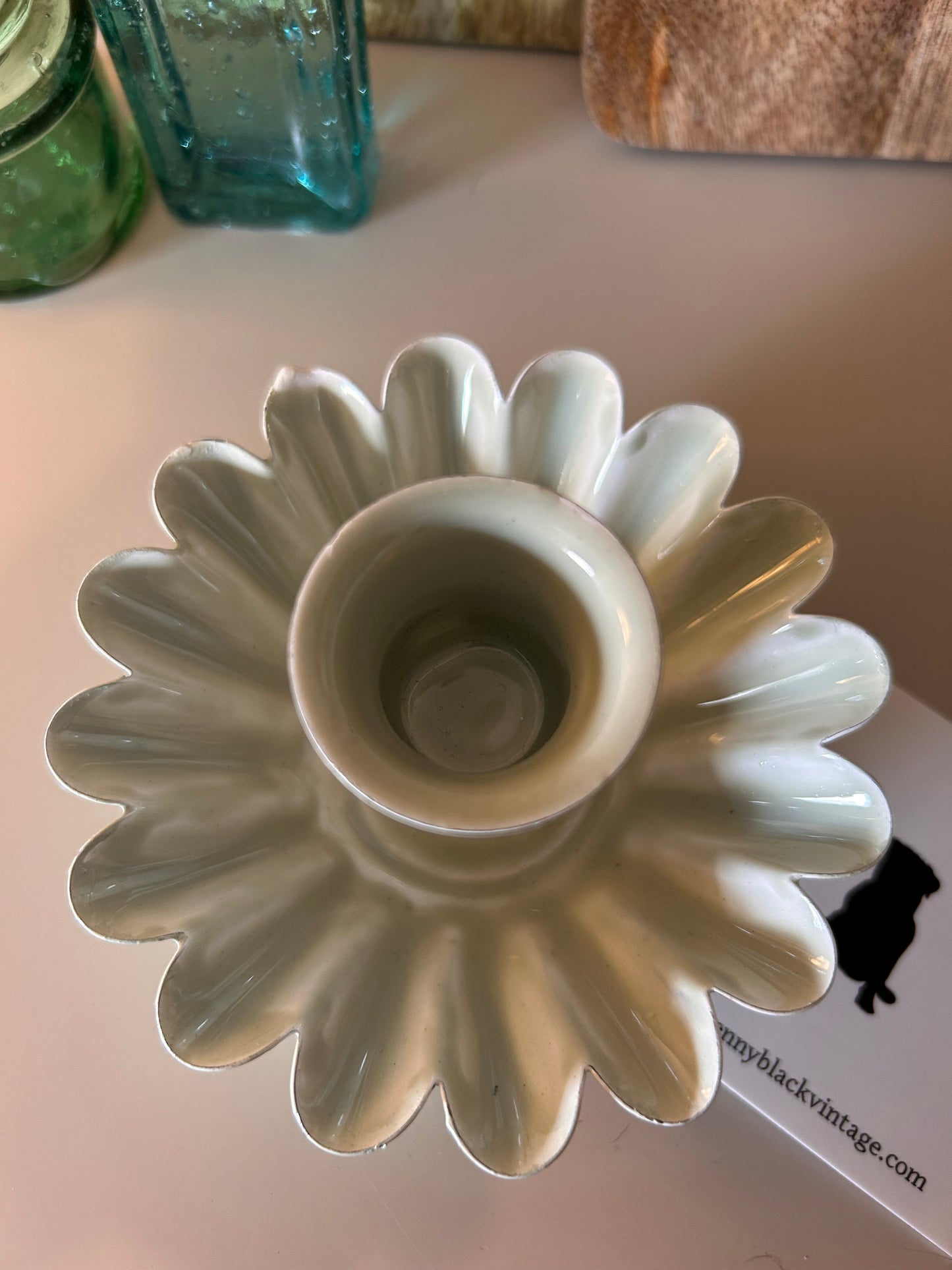 A Vintage Style Green Enamel Candle stick holders