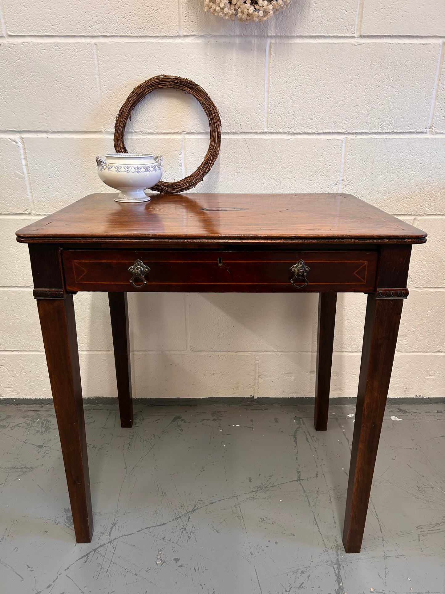 19th century inlaid mahogany country house rectangular side table with drawer.