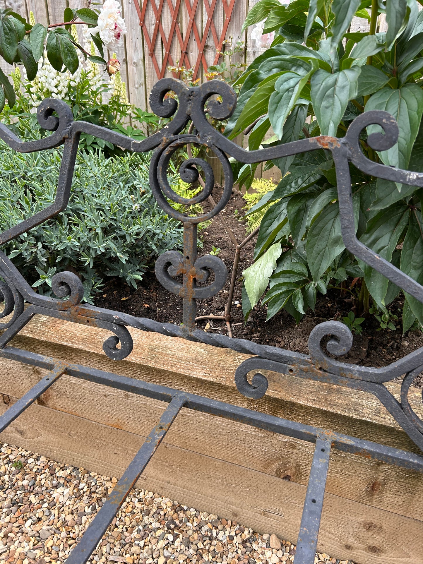 French Vintage Wrought Iron black metal bench scroll details