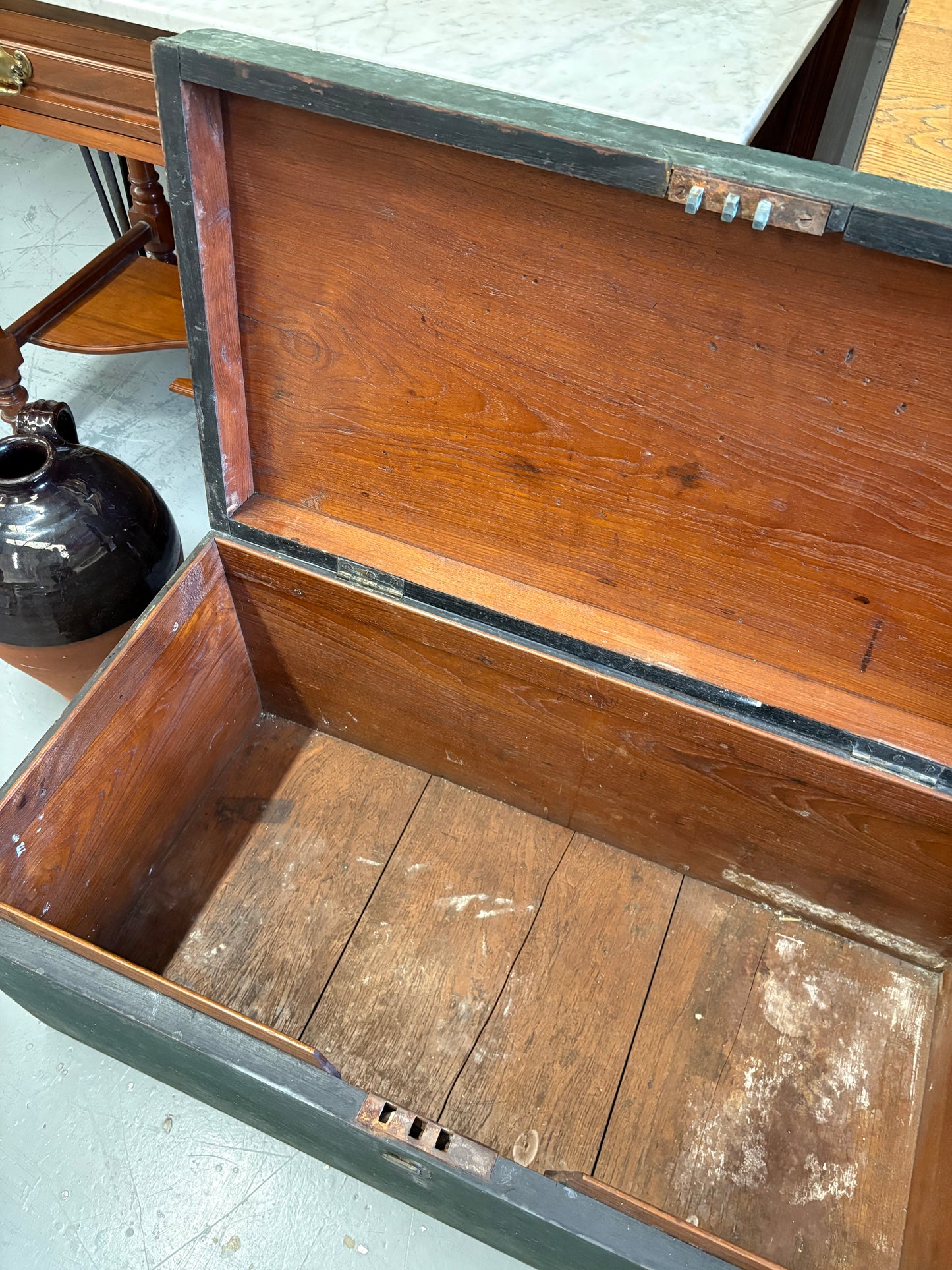Green vintage wooden carpenters tool chest great coffee table and storage