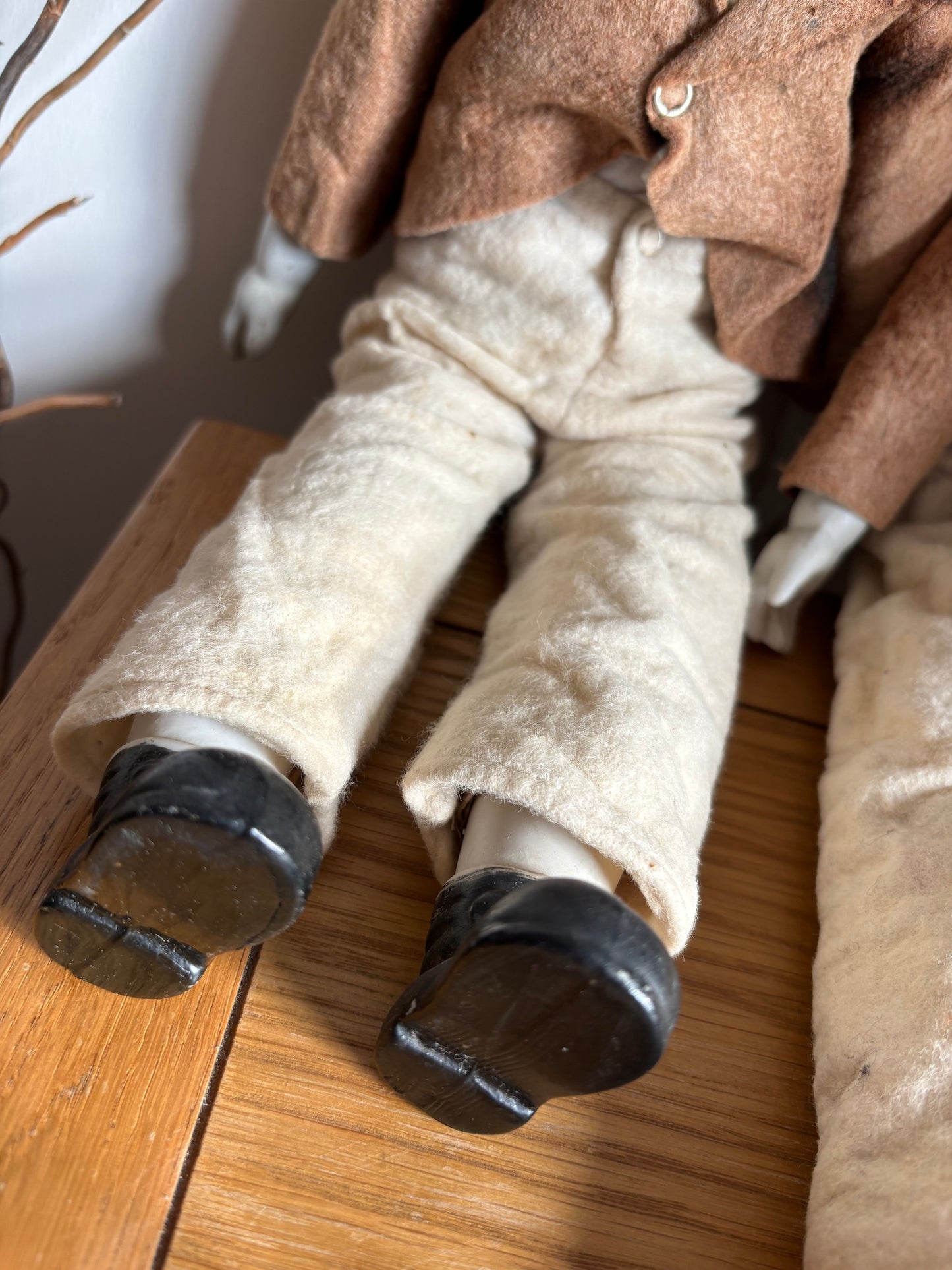 Laurel & Hardy Bisque Head Hands Feet Vintage Dolls Faded fabric