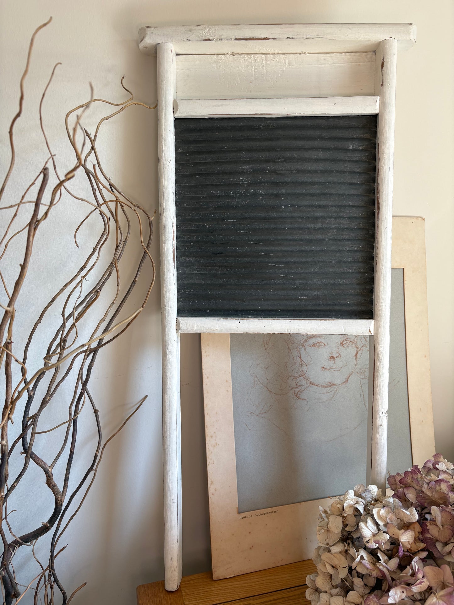 Vintage White Wooden and Metal Washboard