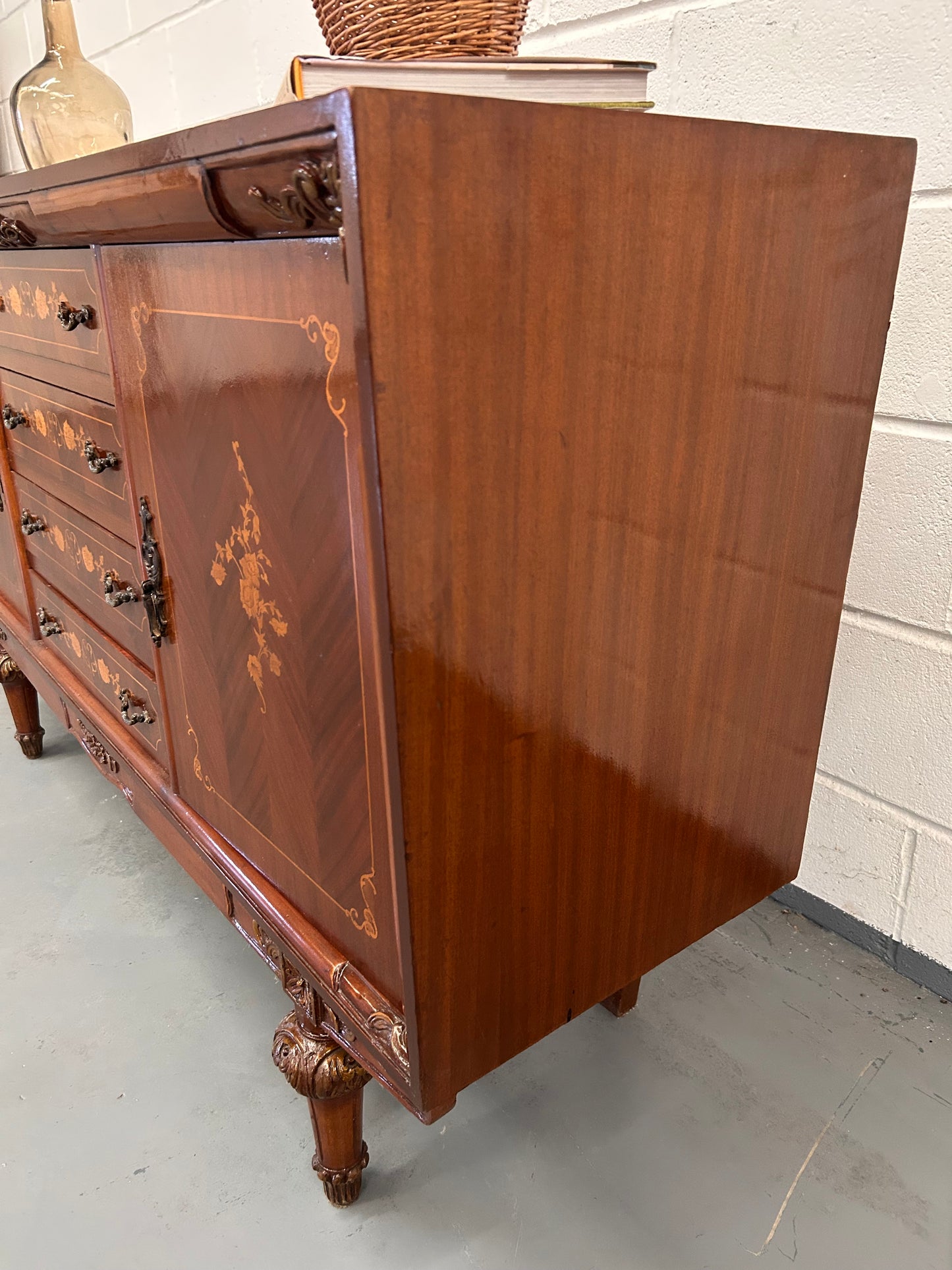 A Vintage French Inlaid sideboard with 4 drawers and 2 cupboards