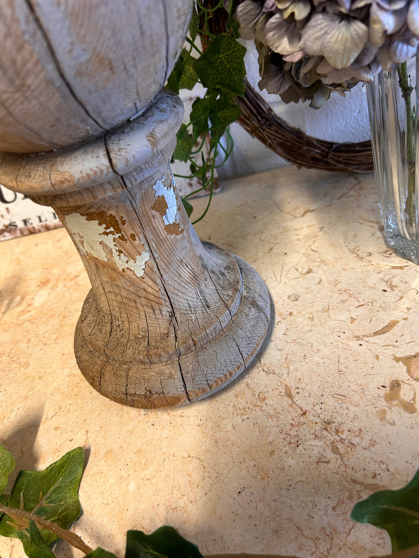 Grey Shabby French 19thC Salvaged balistrail original paint repurposed candle stand