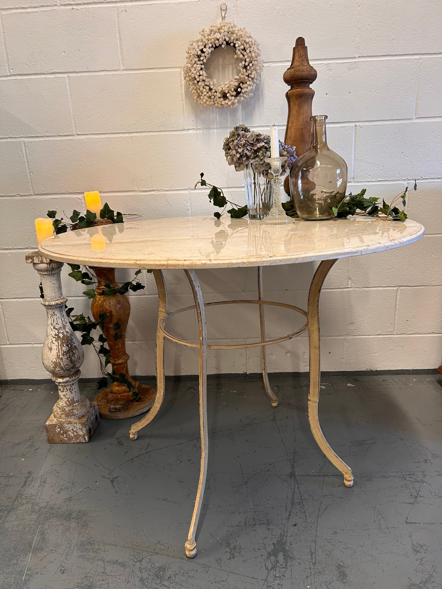 Cream Vintage French round marble top iron based indoor outdoor table