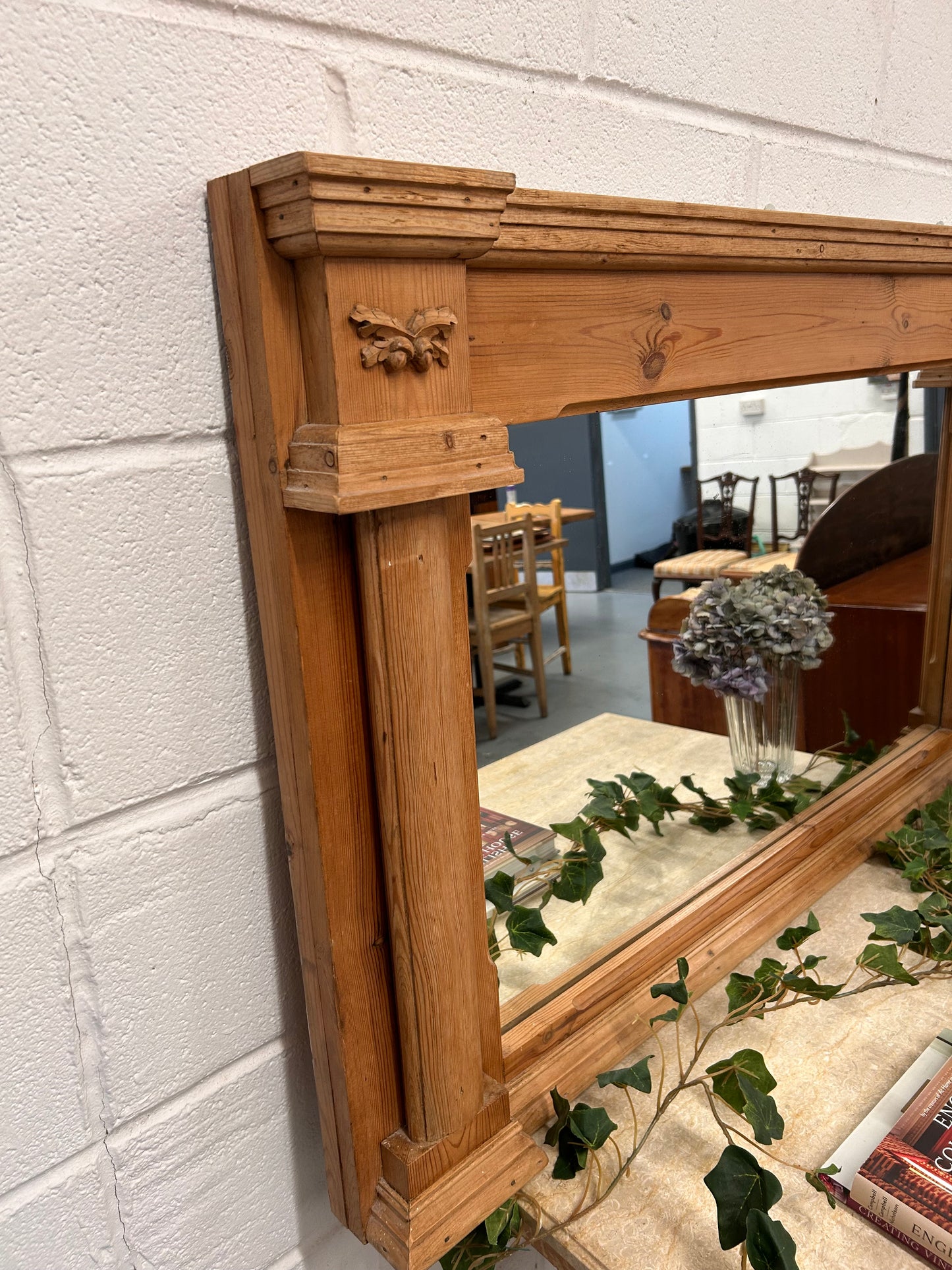 Large Vintage Pine overmantle mirror with Acorn carvings and architectural look to frame design