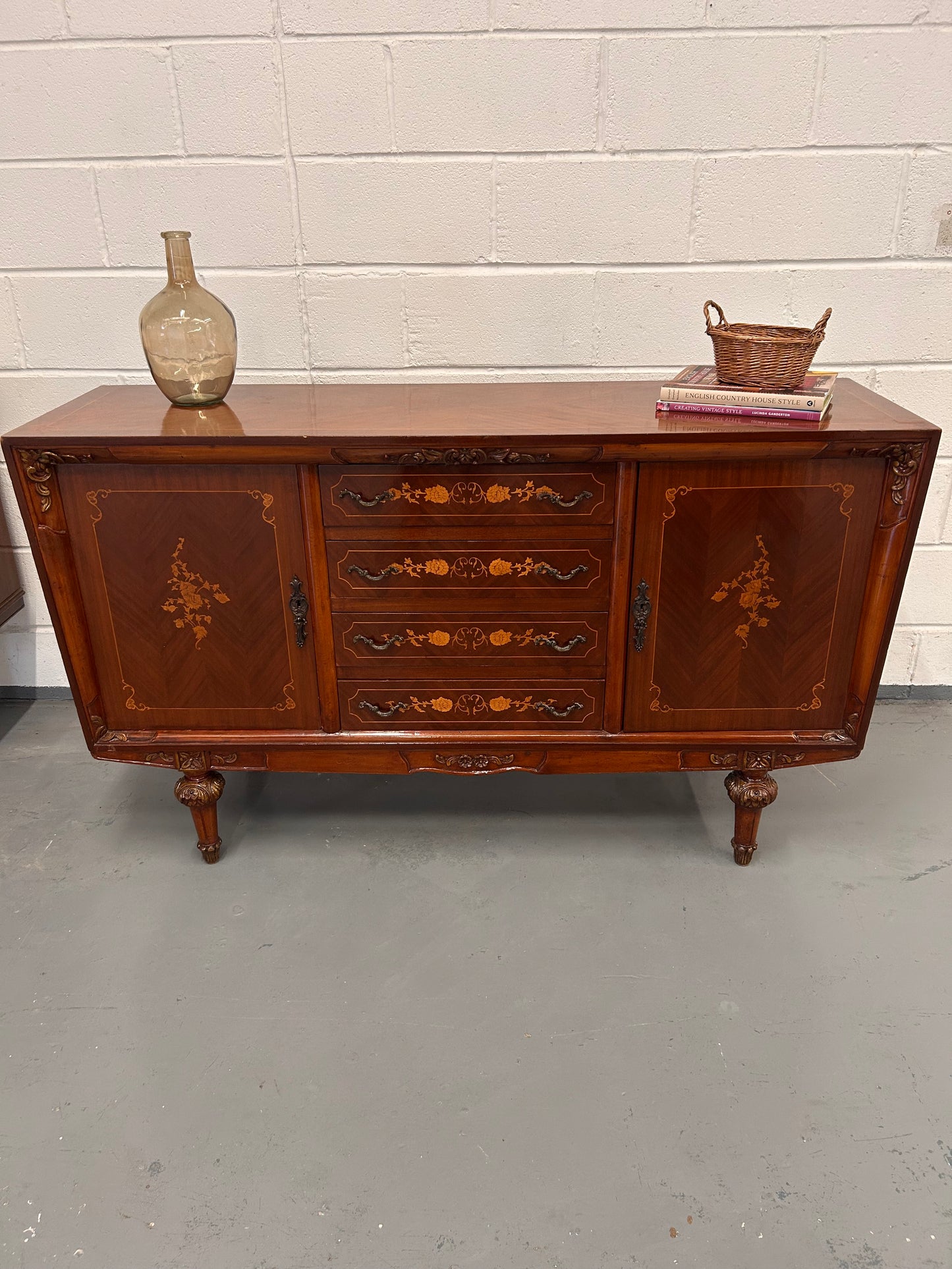A Vintage French Inlaid sideboard with 4 drawers and 2 cupboards