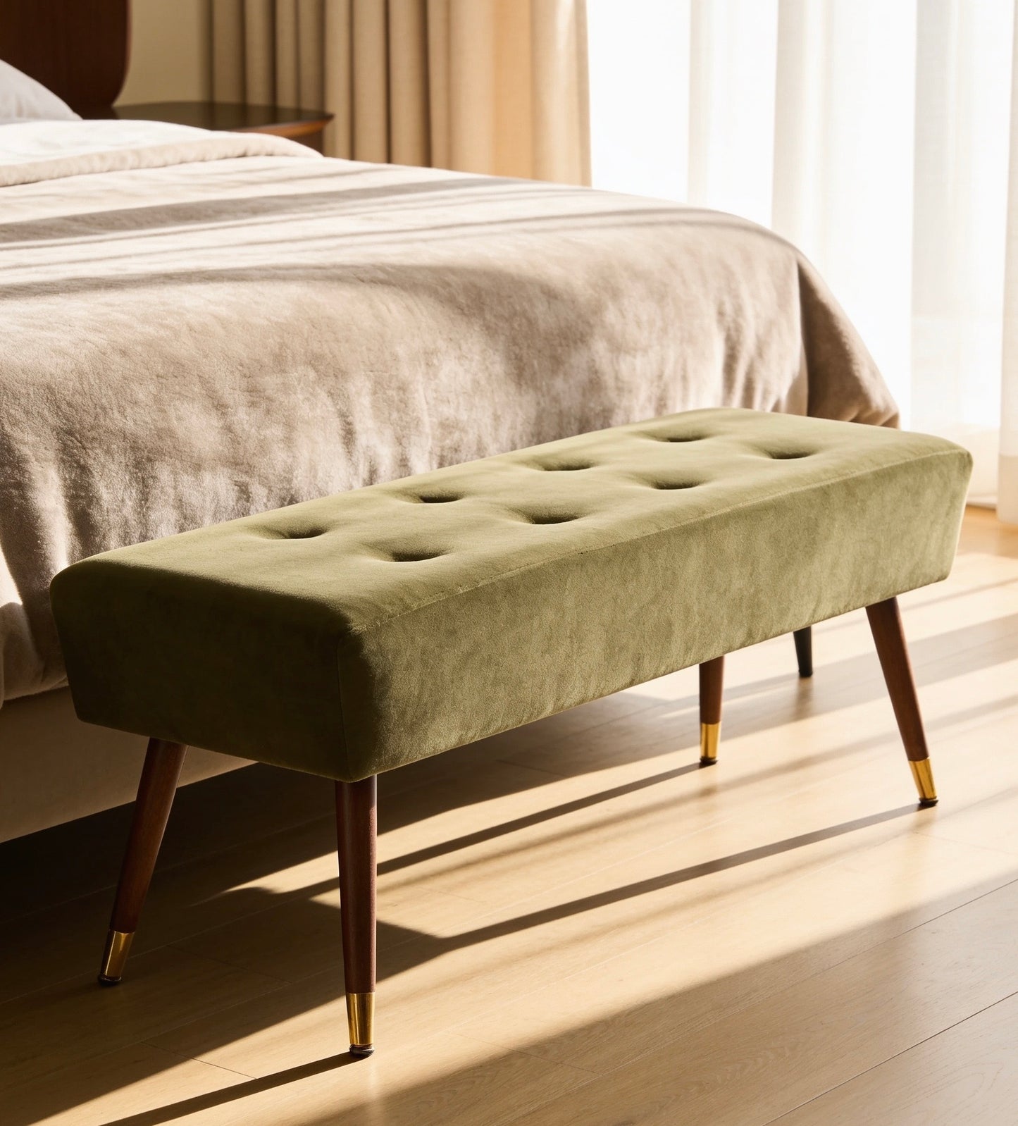 Olive Green Retro Mid Century Style Buttoned Stool Bench Seat