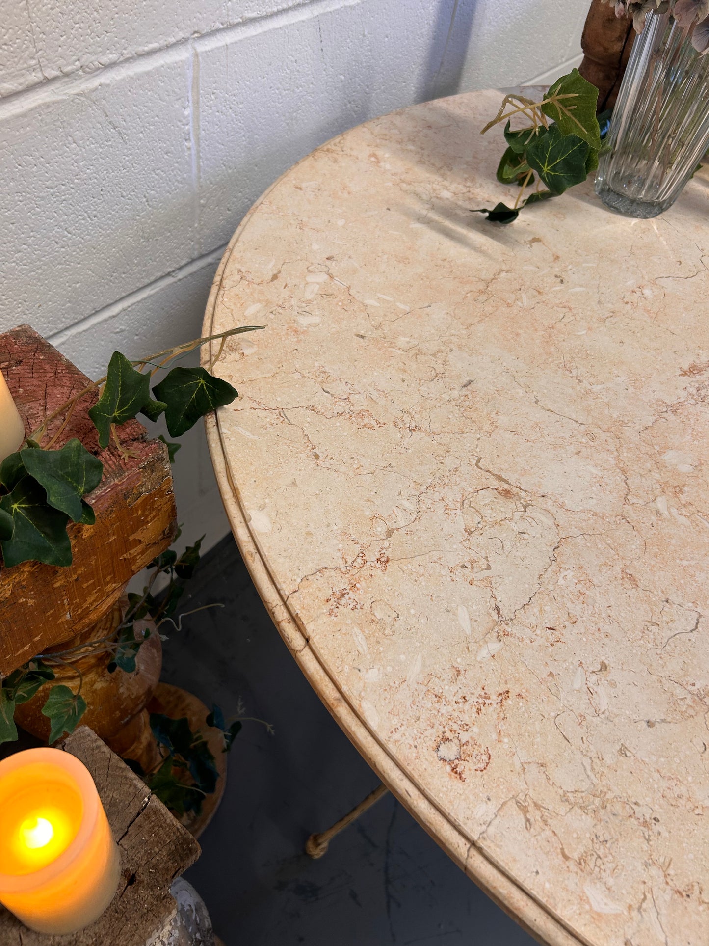 Cream Vintage French round marble top iron based indoor outdoor table