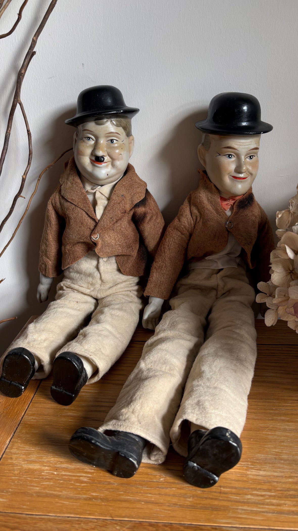 Laurel & Hardy Bisque Head Hands Feet Vintage Dolls Faded fabric