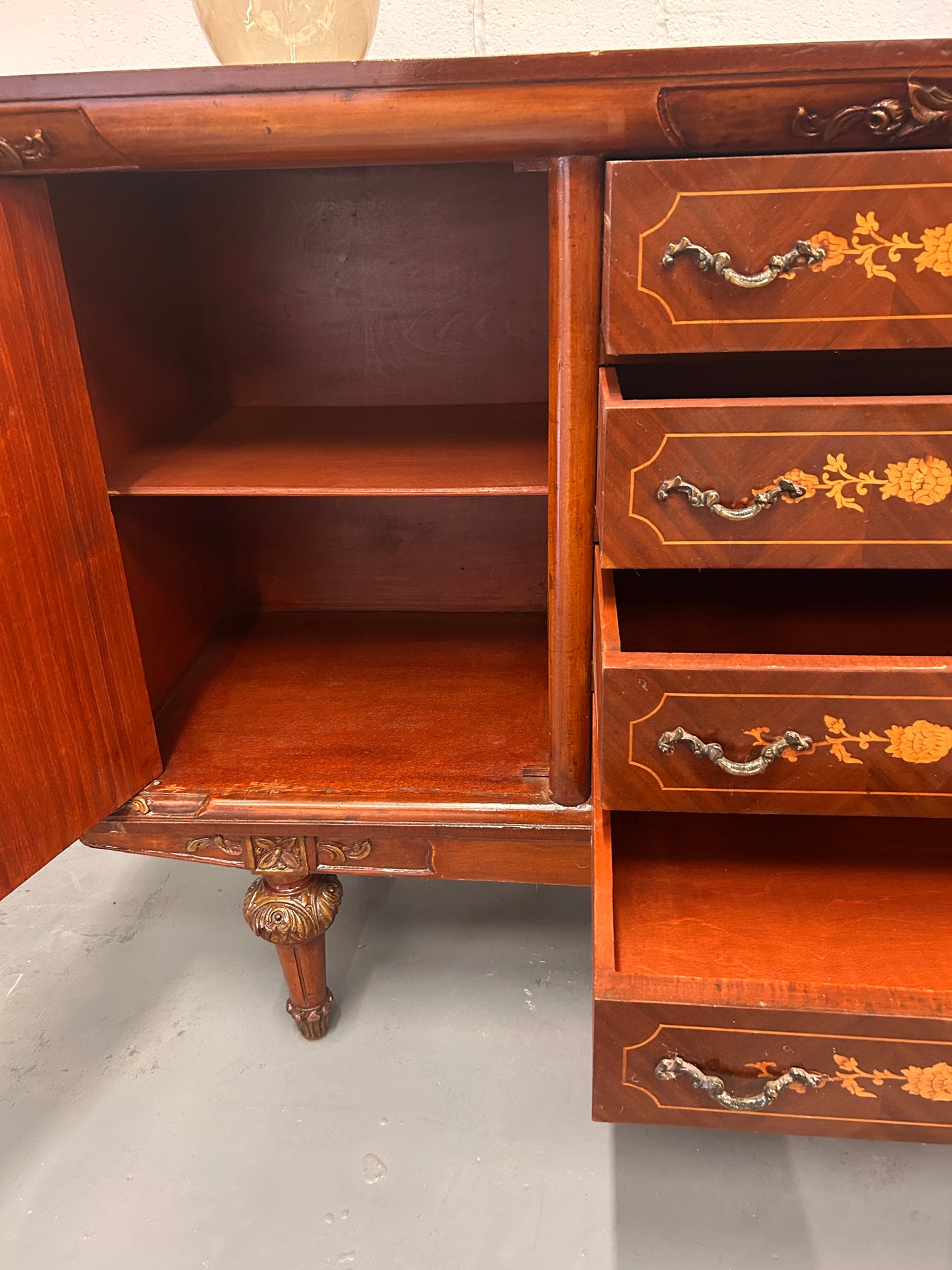 A Vintage French Inlaid sideboard with 4 drawers and 2 cupboards
