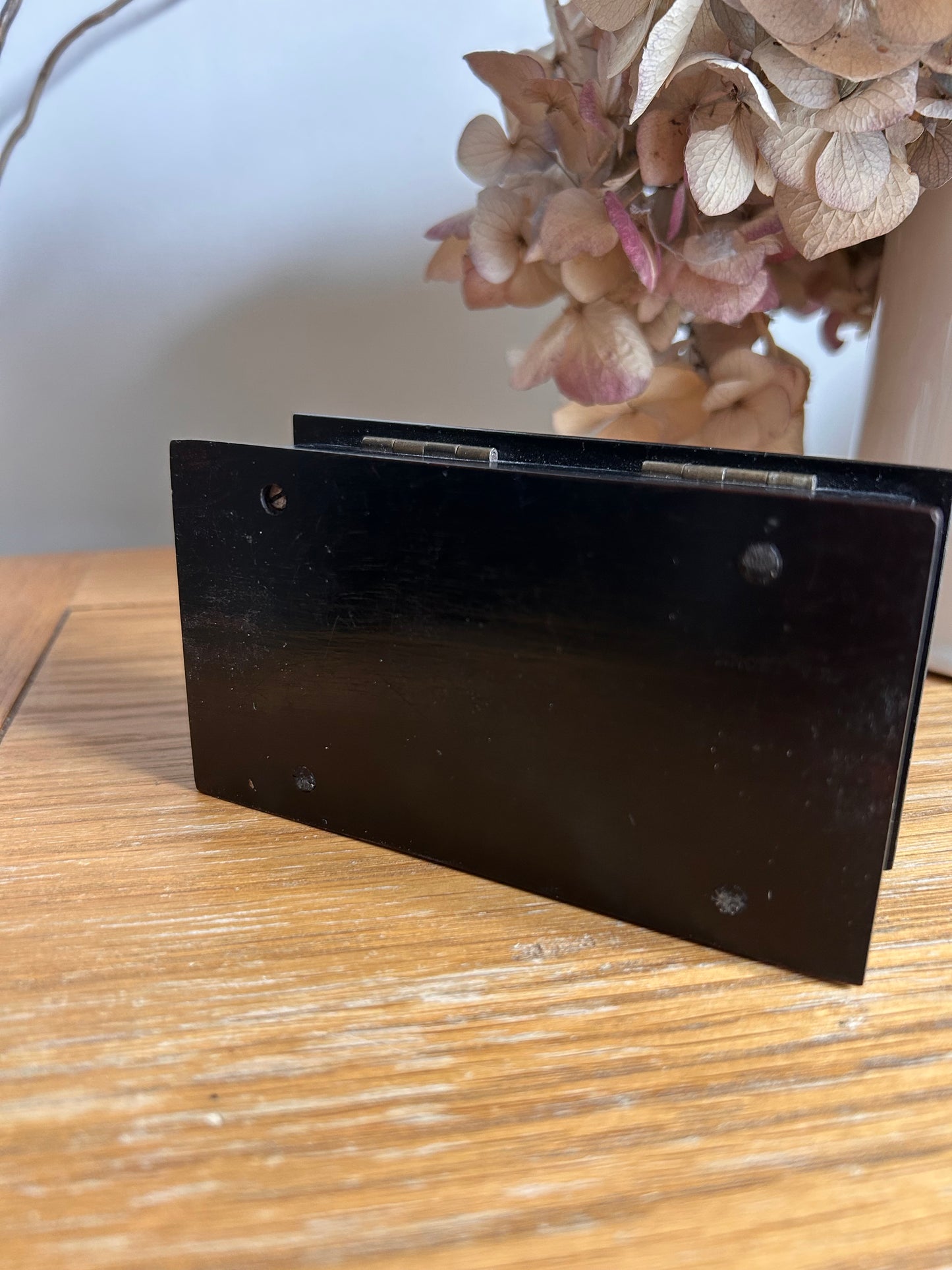 Small vintage black ebonised keepsake box silk lined yellow