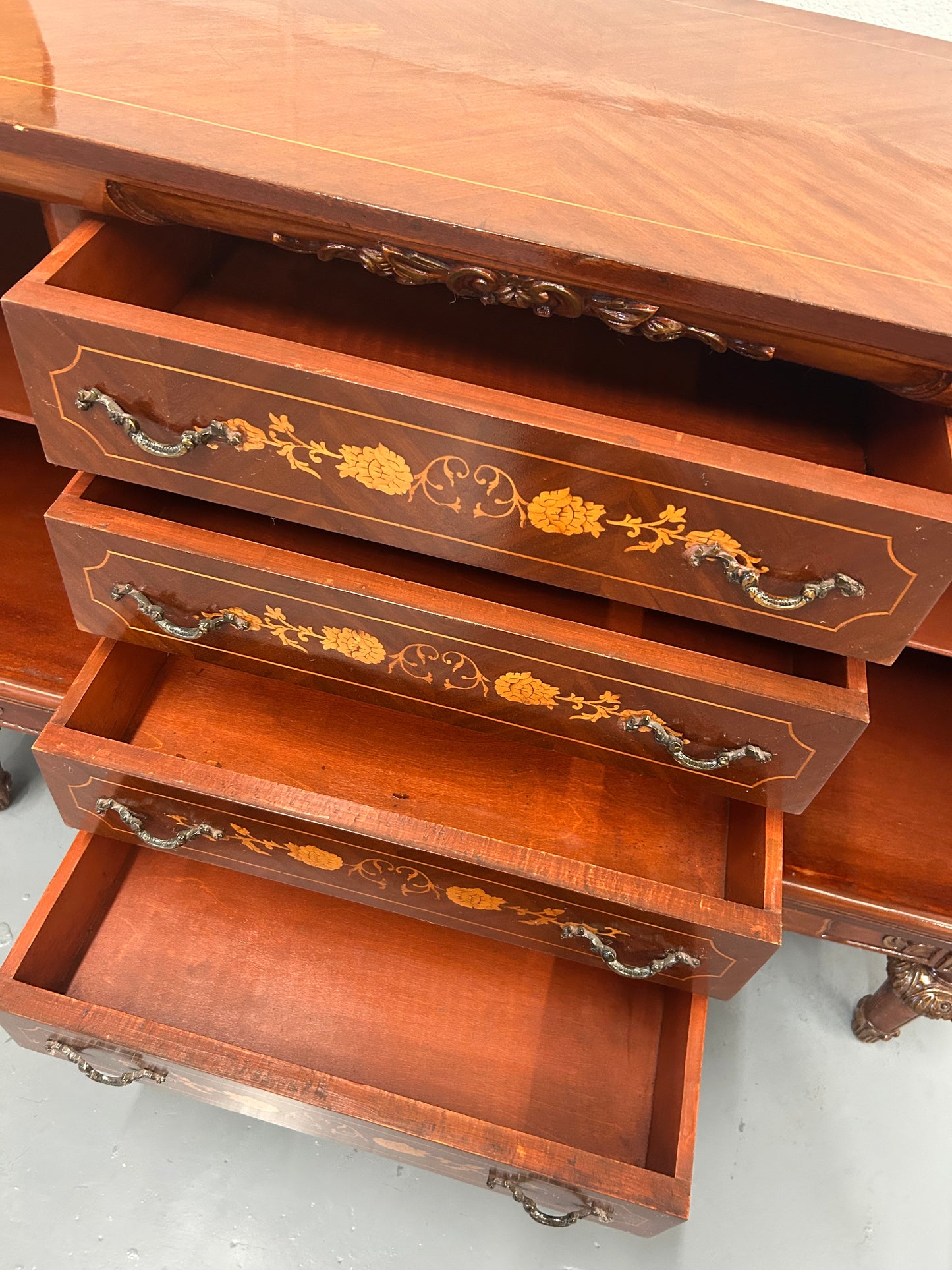 A Vintage French Inlaid sideboard with 4 drawers and 2 cupboards