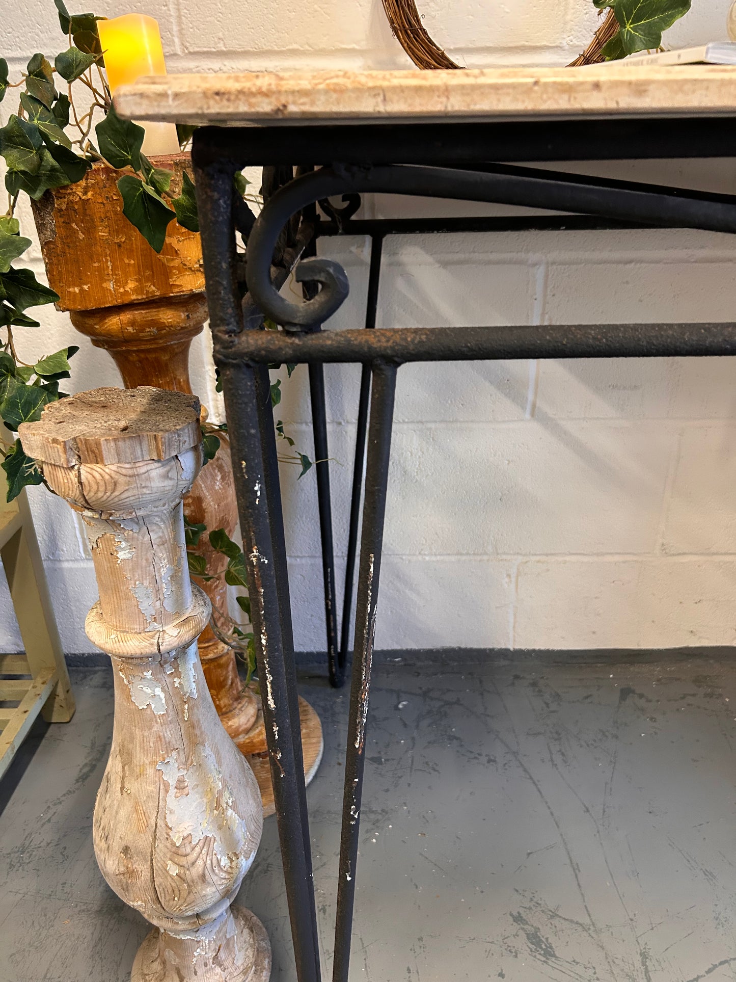 Large Console table French vintage marble top iron based indoor outdoor table