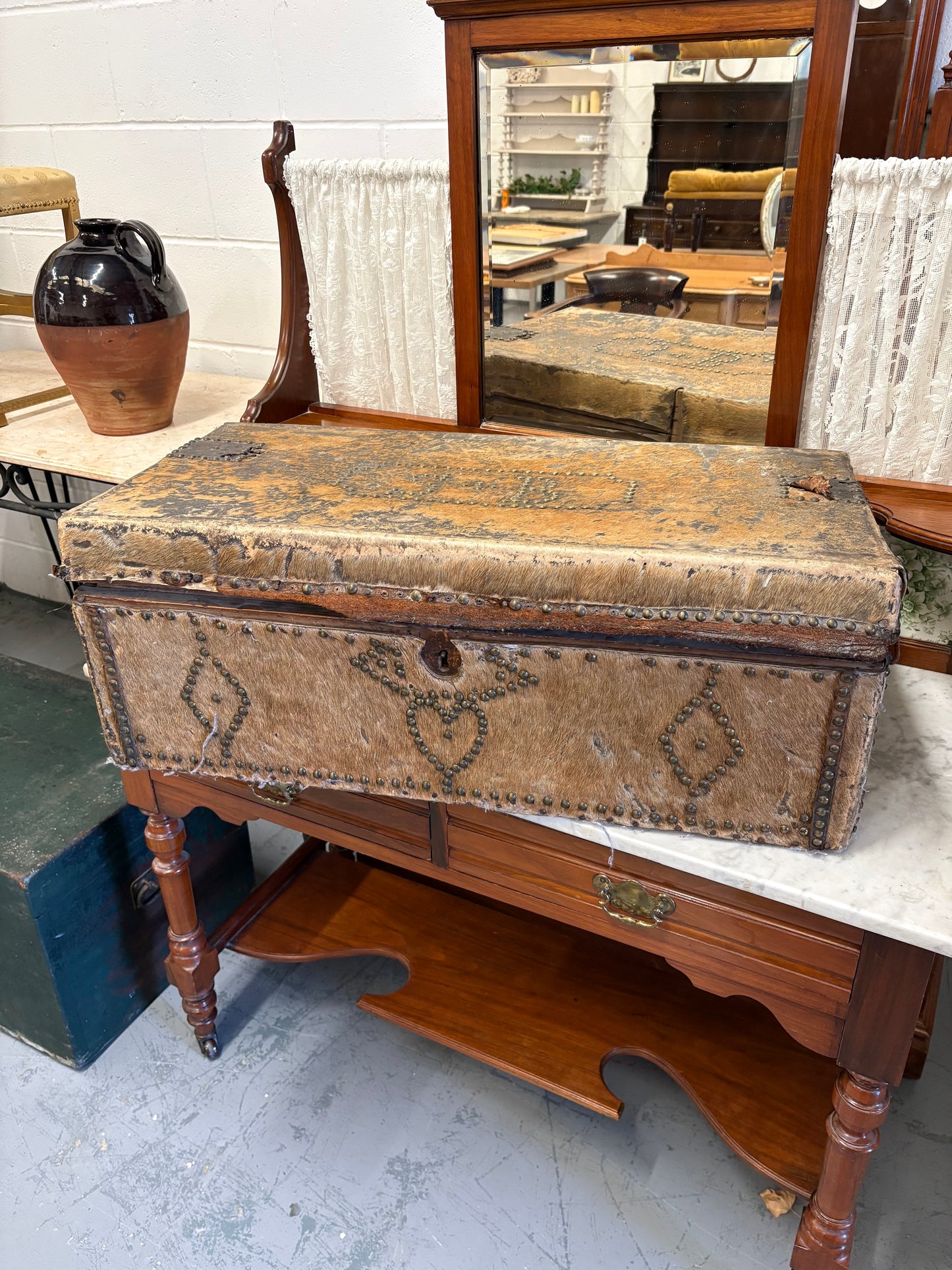 Rare Irish 19th Century Hide covered trunk Stud detail SB Initial