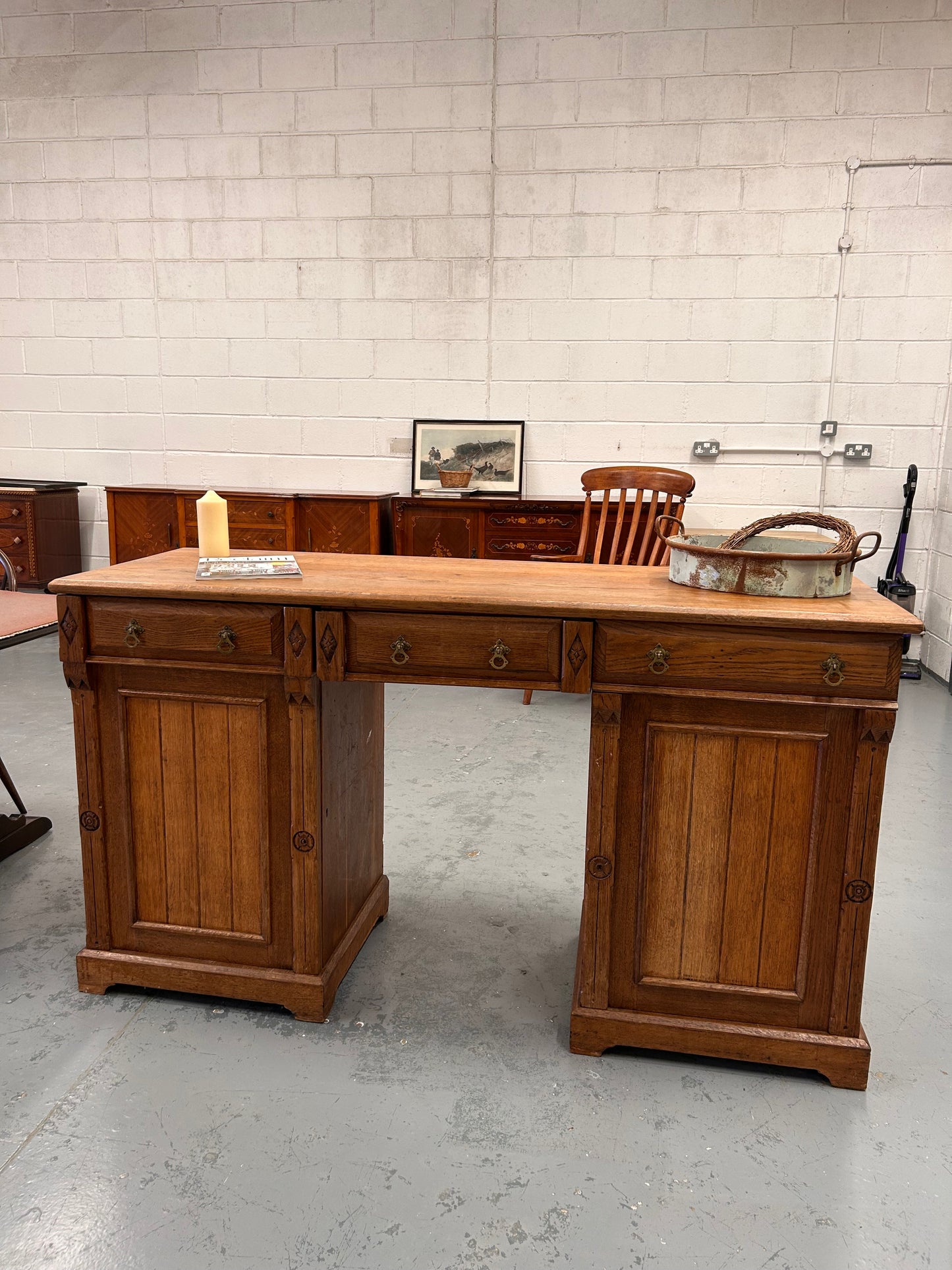 Large Victorian oak sideboard drawers cupboards carving and original handles