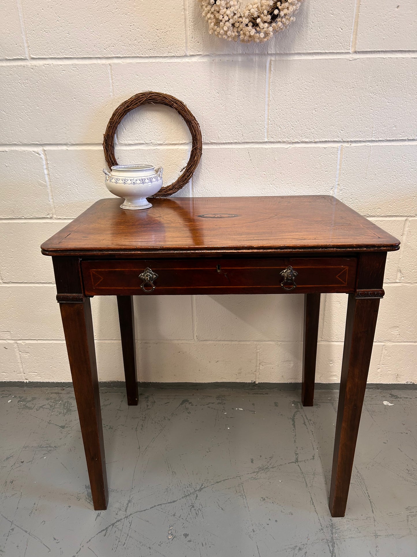 19th century inlaid mahogany country house rectangular side table with drawer.
