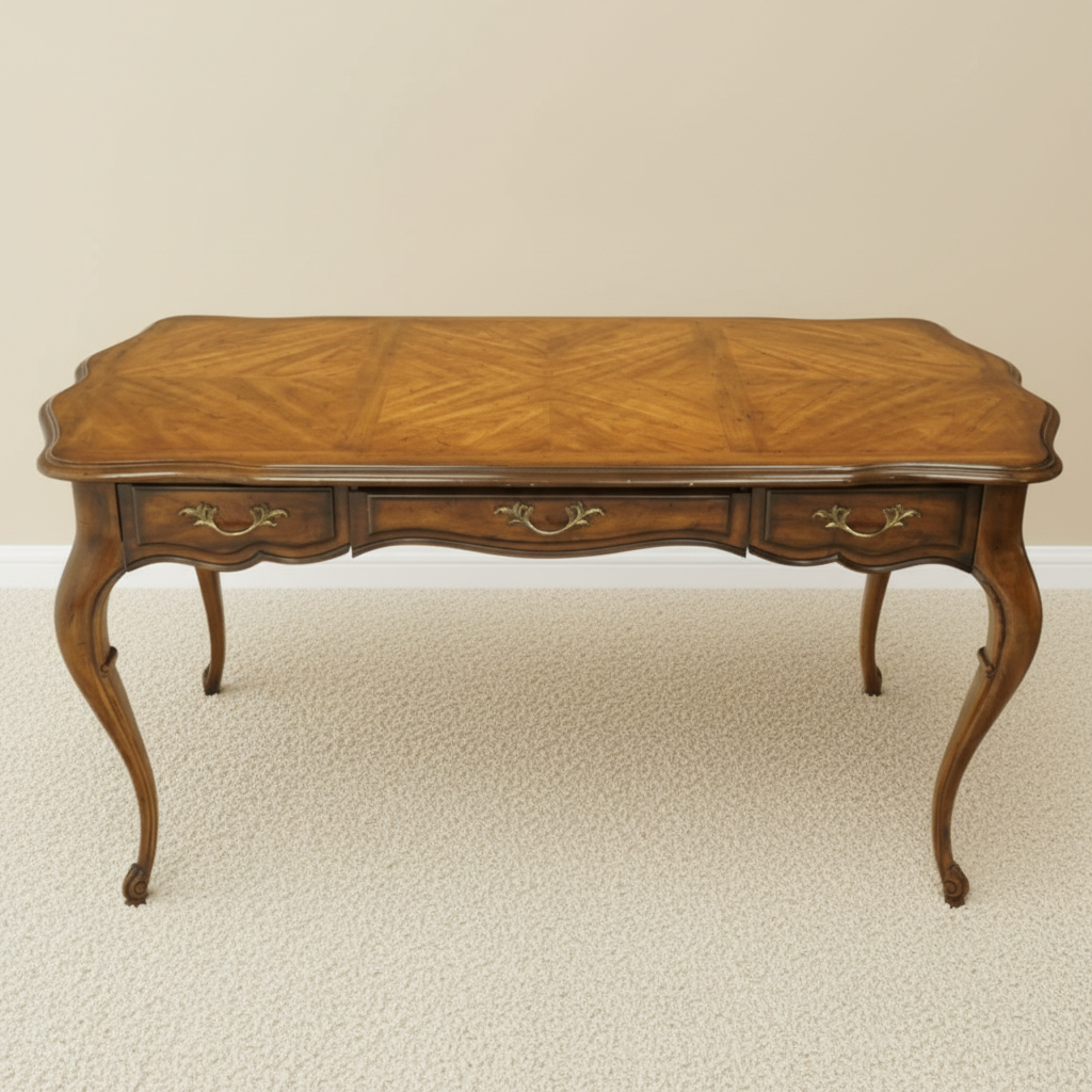 Vintage French walnut console table parquetry top & three drawers brass handles