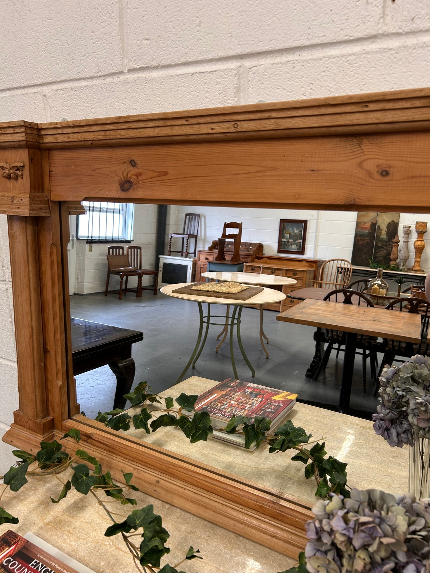 Large Vintage Pine overmantle mirror with Acorn carvings and architectural look to frame design