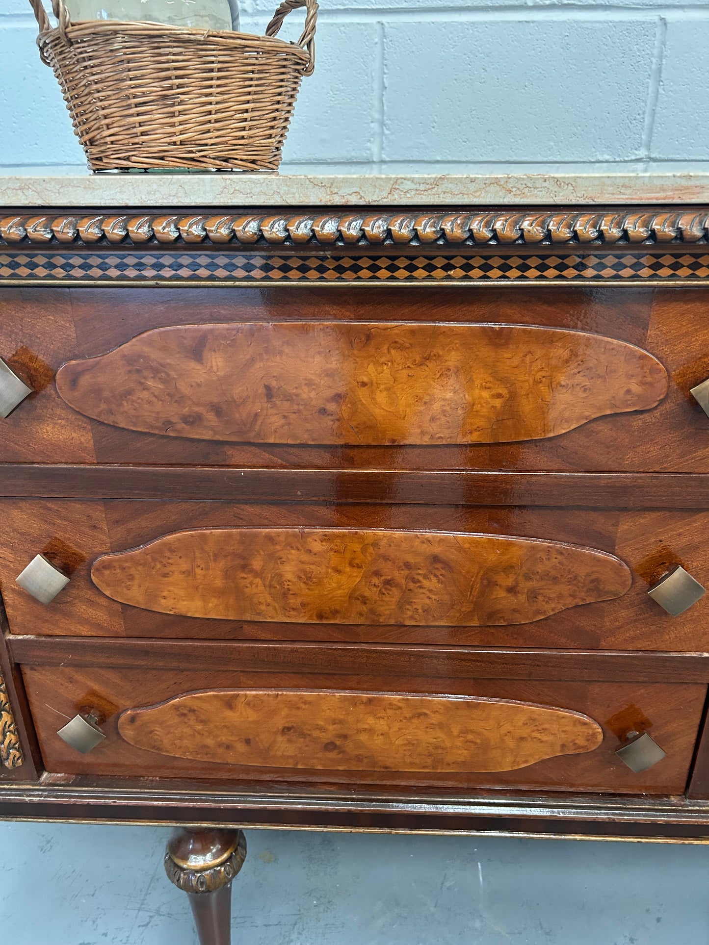 Vintage French marble topped sideboard with six drawers