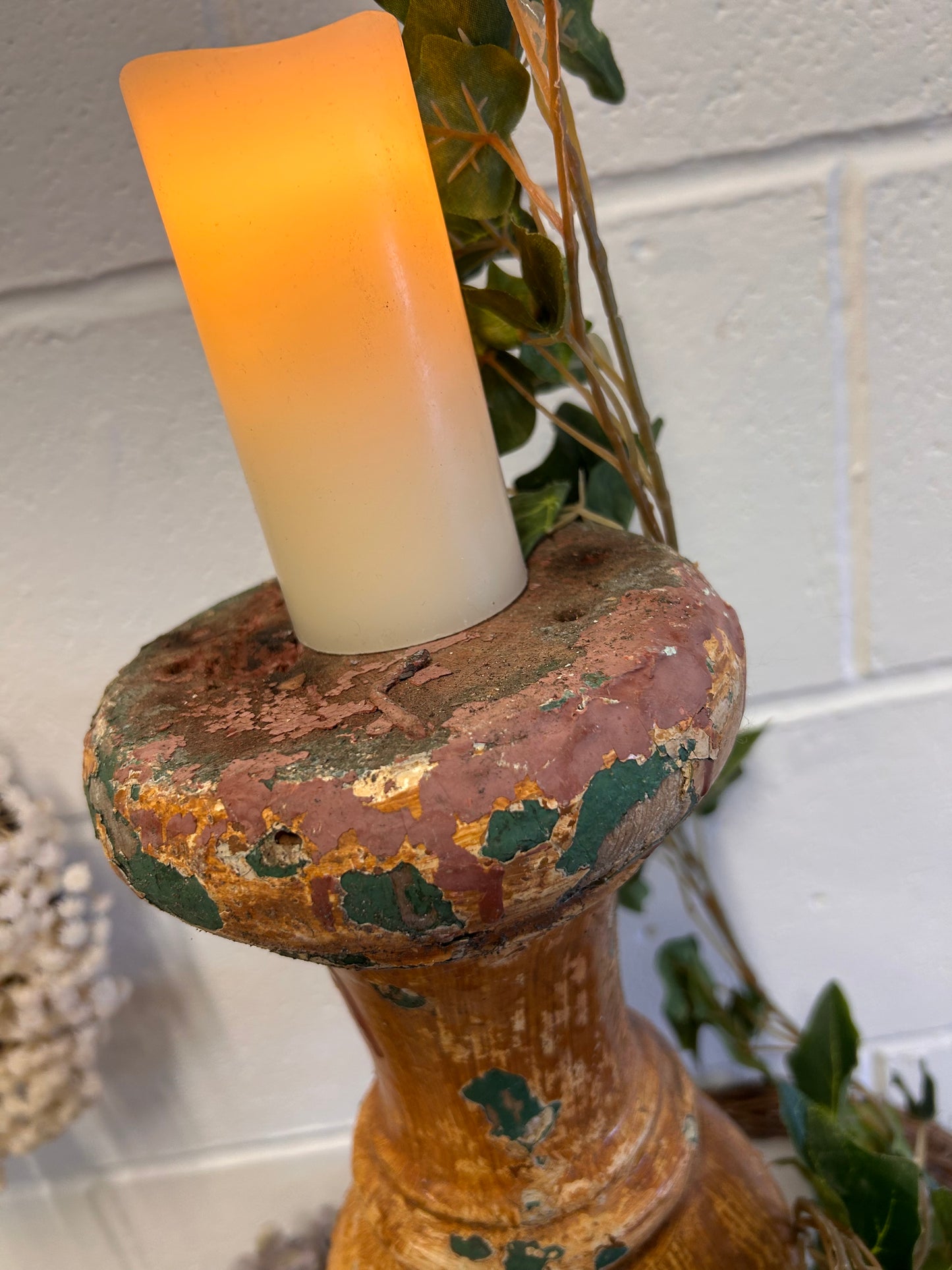 Shabby French 19thC Salvaged balistrail original paint repurposed candle stand