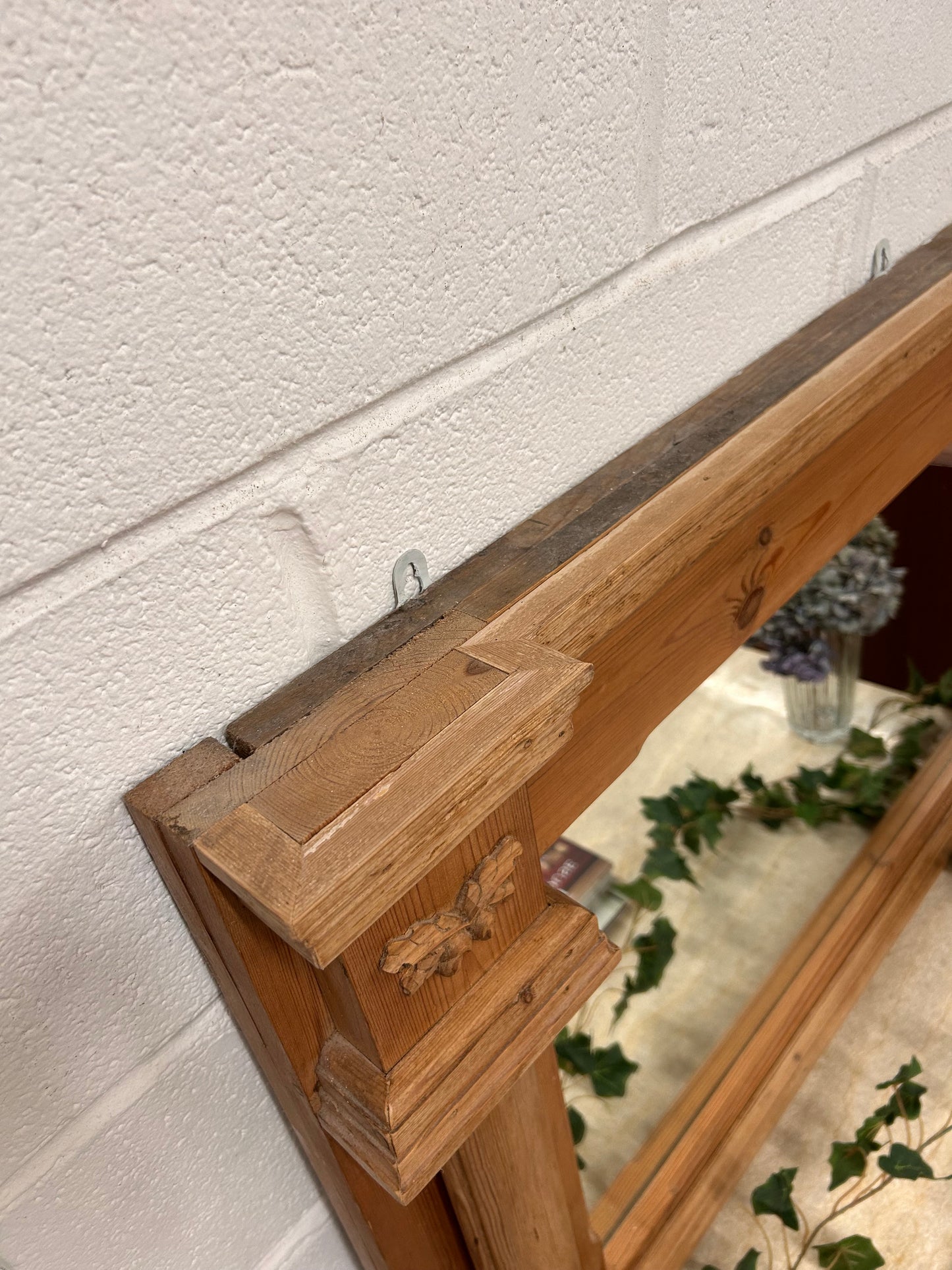 Large Vintage Pine overmantle mirror with Acorn carvings and architectural look to frame design