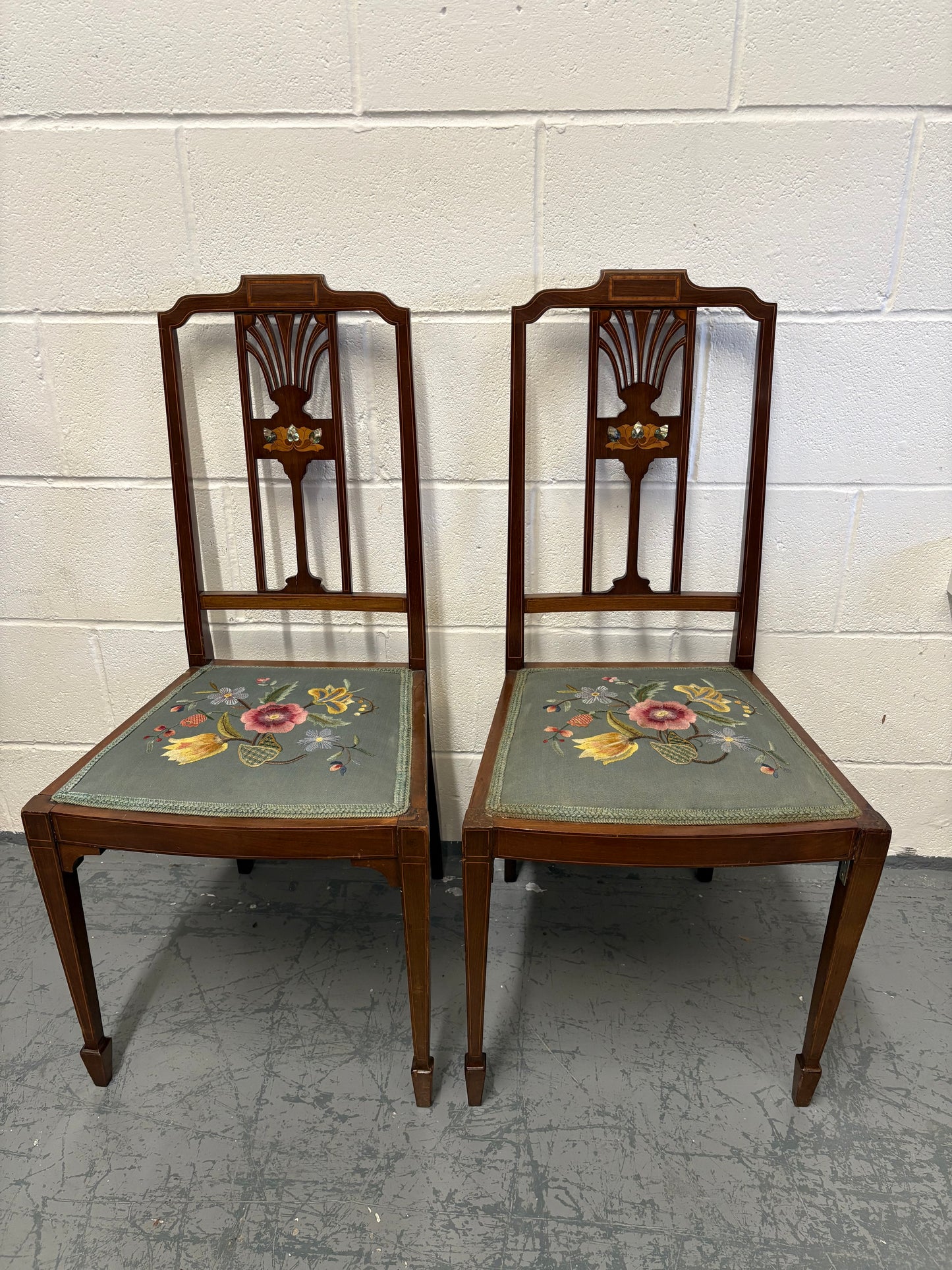 Two Beautiful inlaid mahogany bedroom / side chairs with marquetry panel, needlework seats
