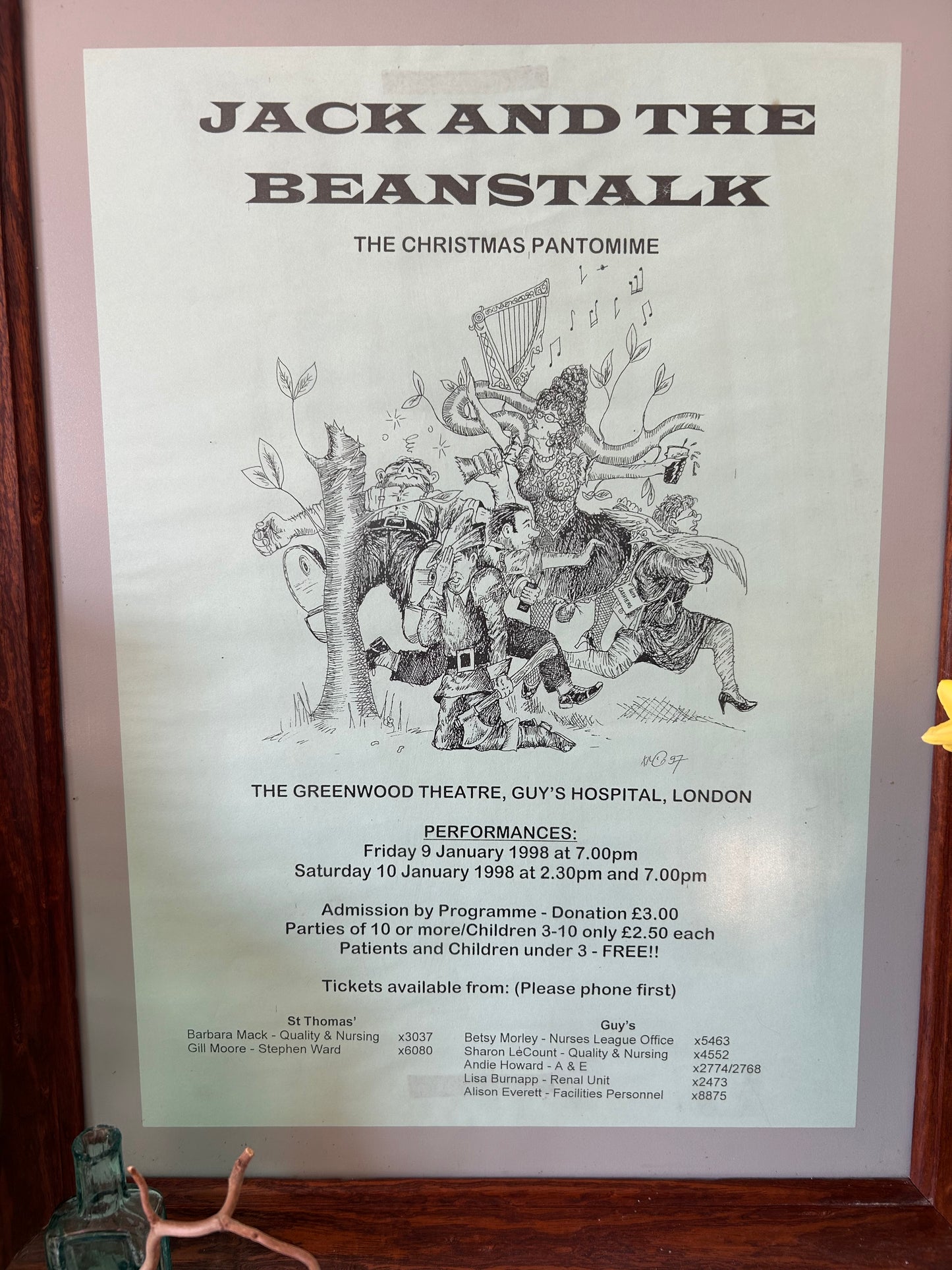 An Original framed Christmas Pantomine advertising poster Guys Hospital 1998