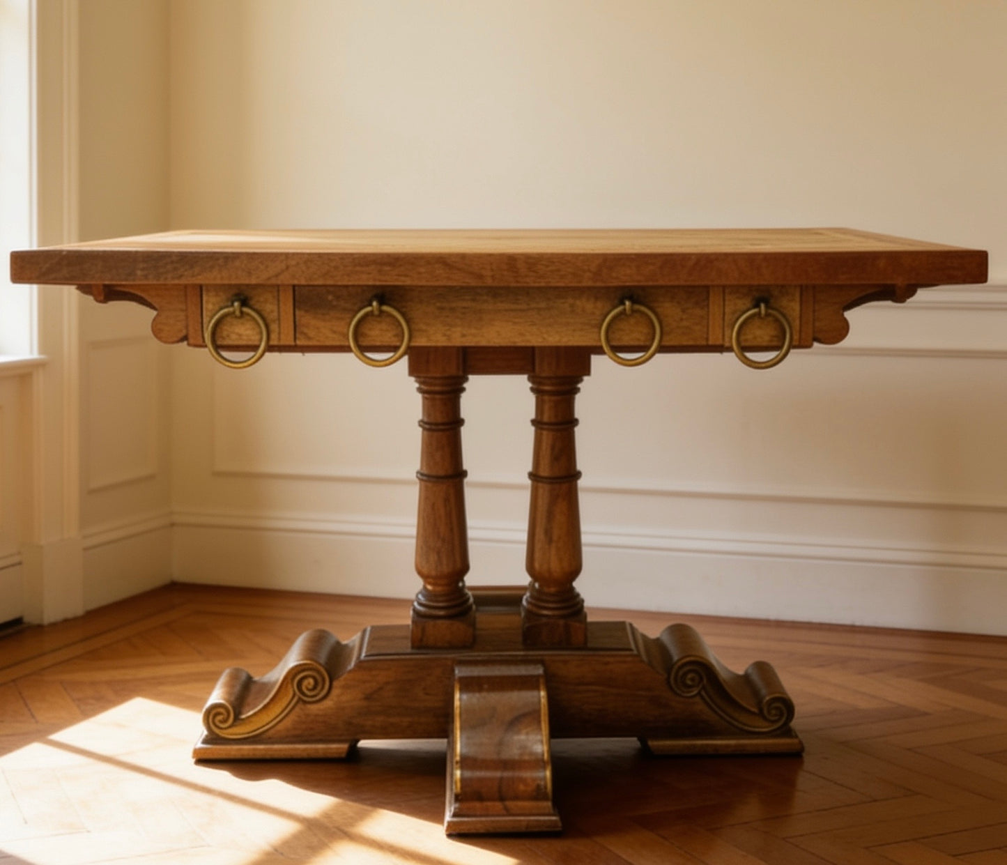 Quality made mango wood hall console table, three drawers with large hooped pulls & decorative base