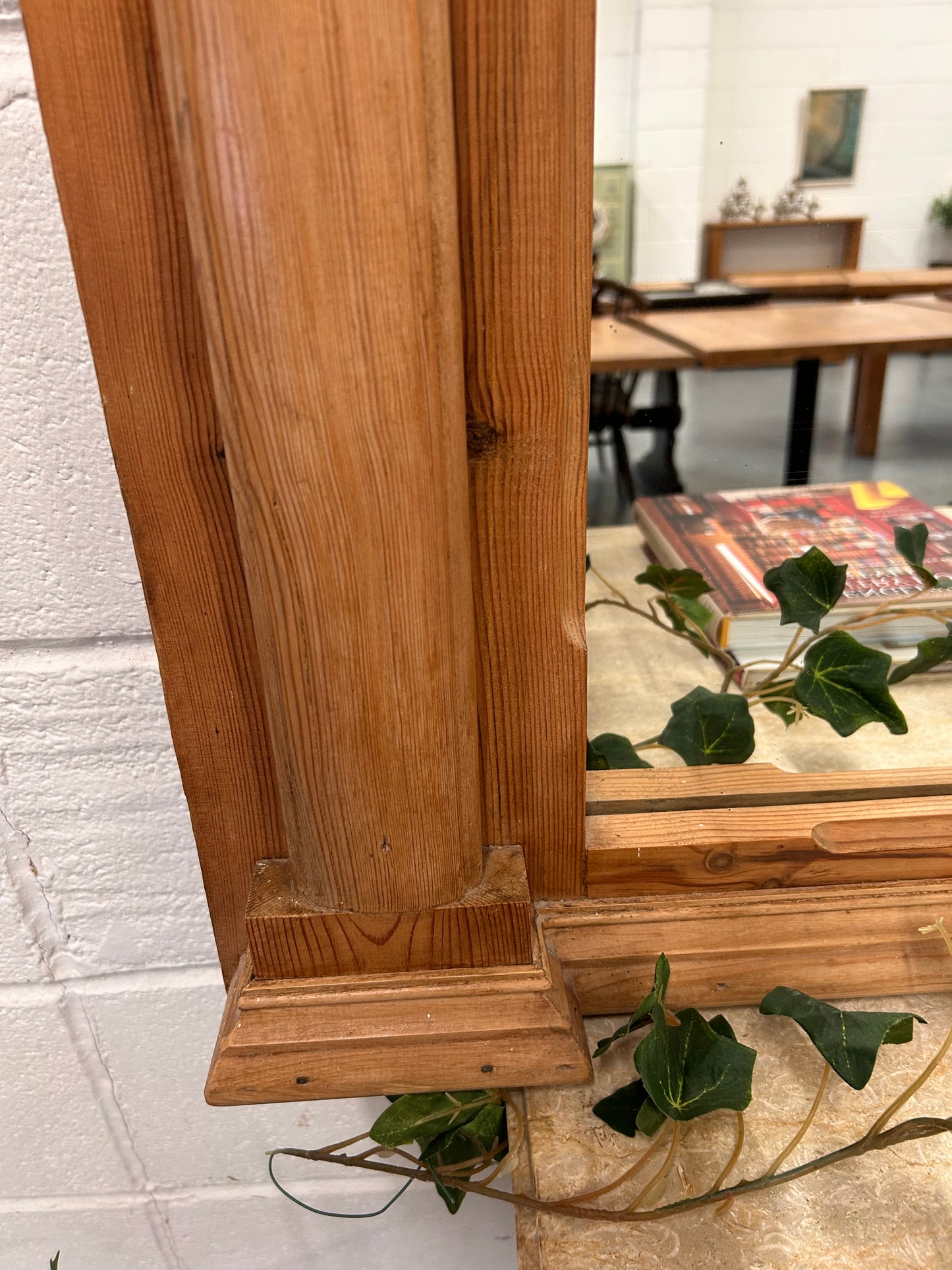 Large Vintage Pine overmantle mirror with Acorn carvings and architectural look to frame design