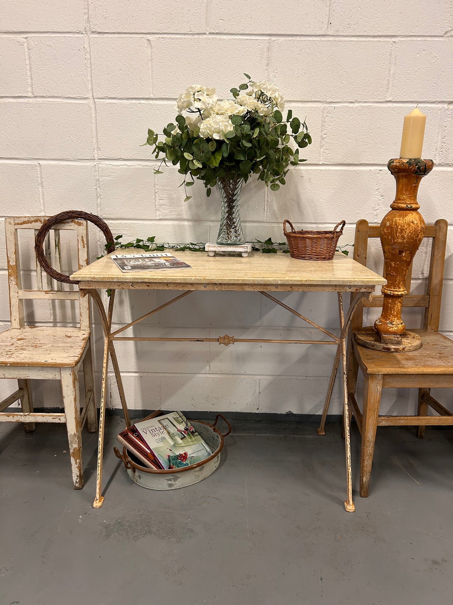 Console table French vintage marble top iron based indoor outdoor table