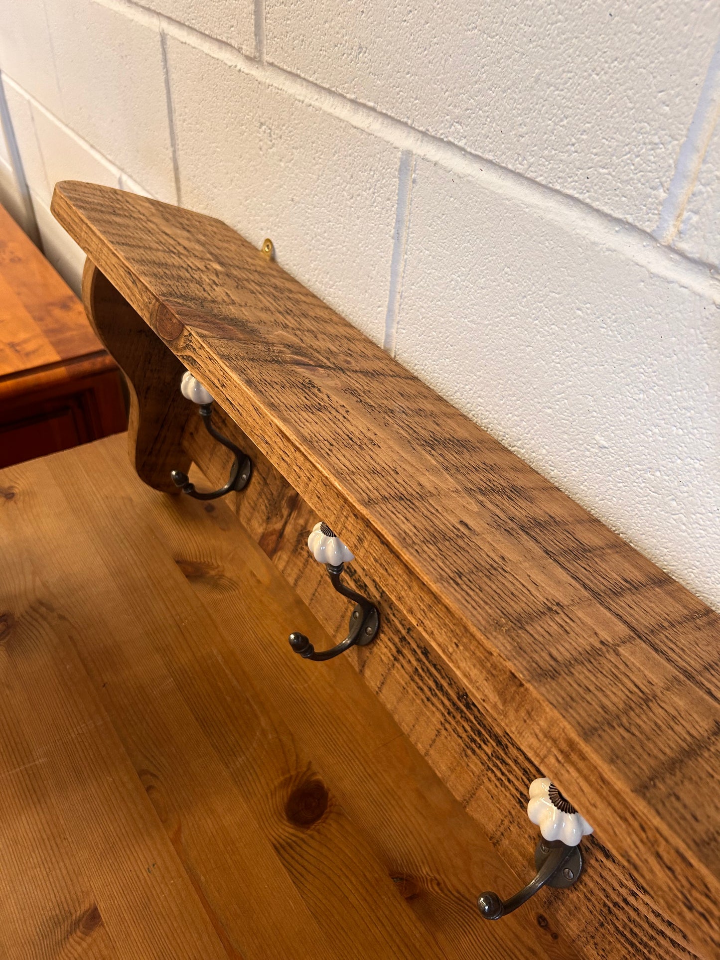Rustic Vintage wooden wall hanging coat hooks with shelf