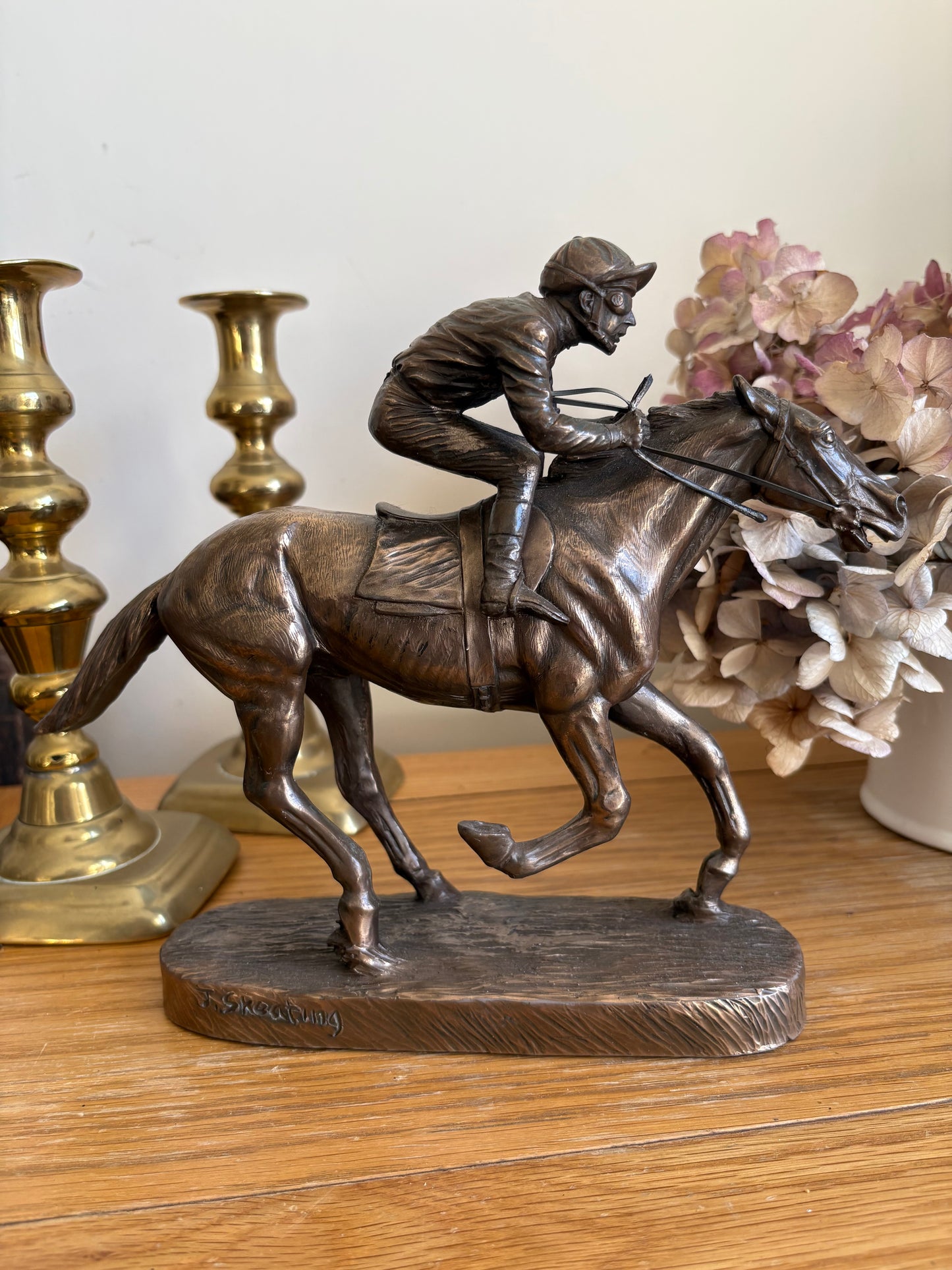 Horse and Jockey Resin Bronzed Figure by J Skeating Equine Racing