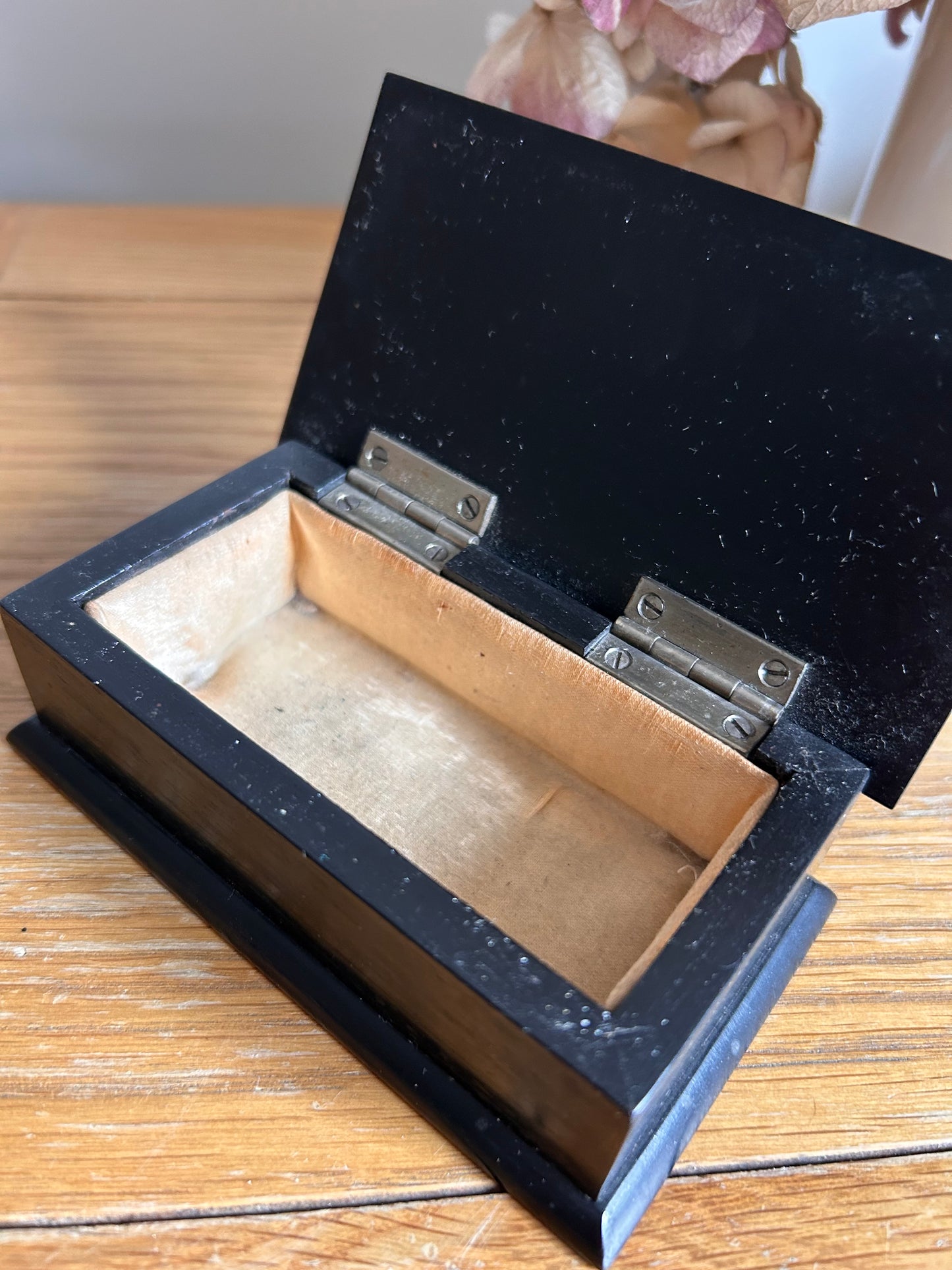 Small vintage black ebonised keepsake box silk lined yellow