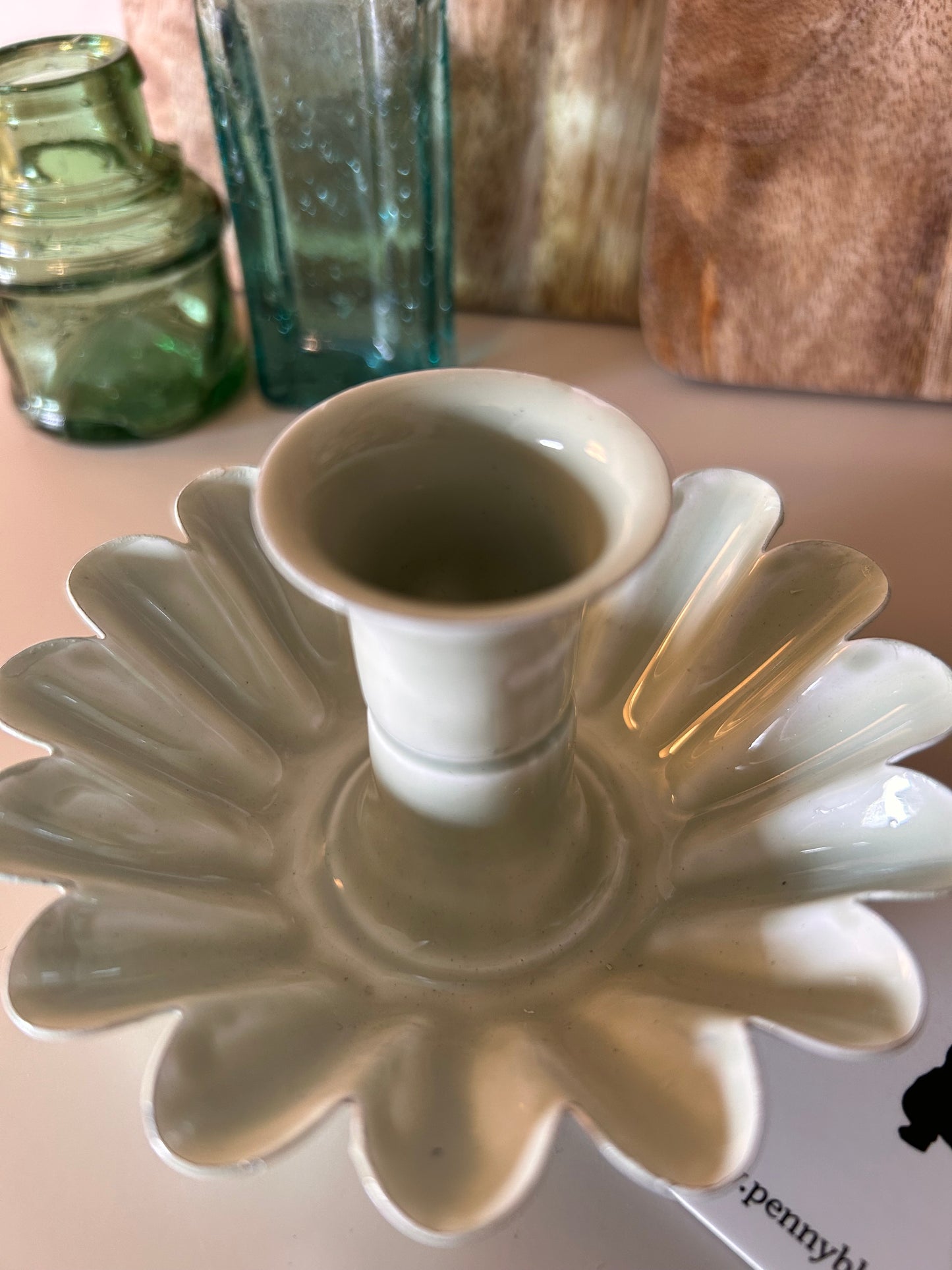 A Vintage Style Green Enamel Candle stick holders