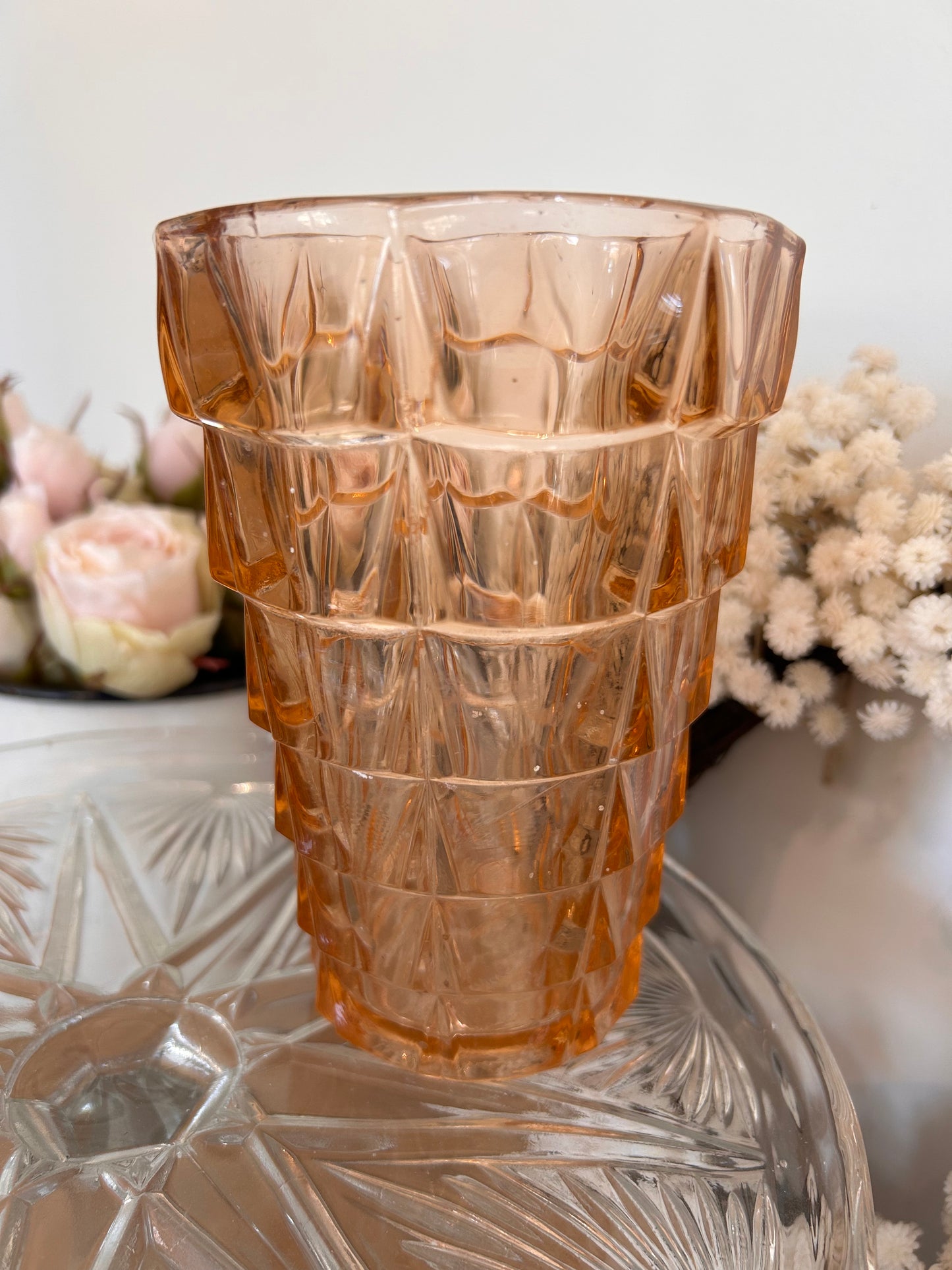 Pretty vintage Decorative pressed glass amber vase