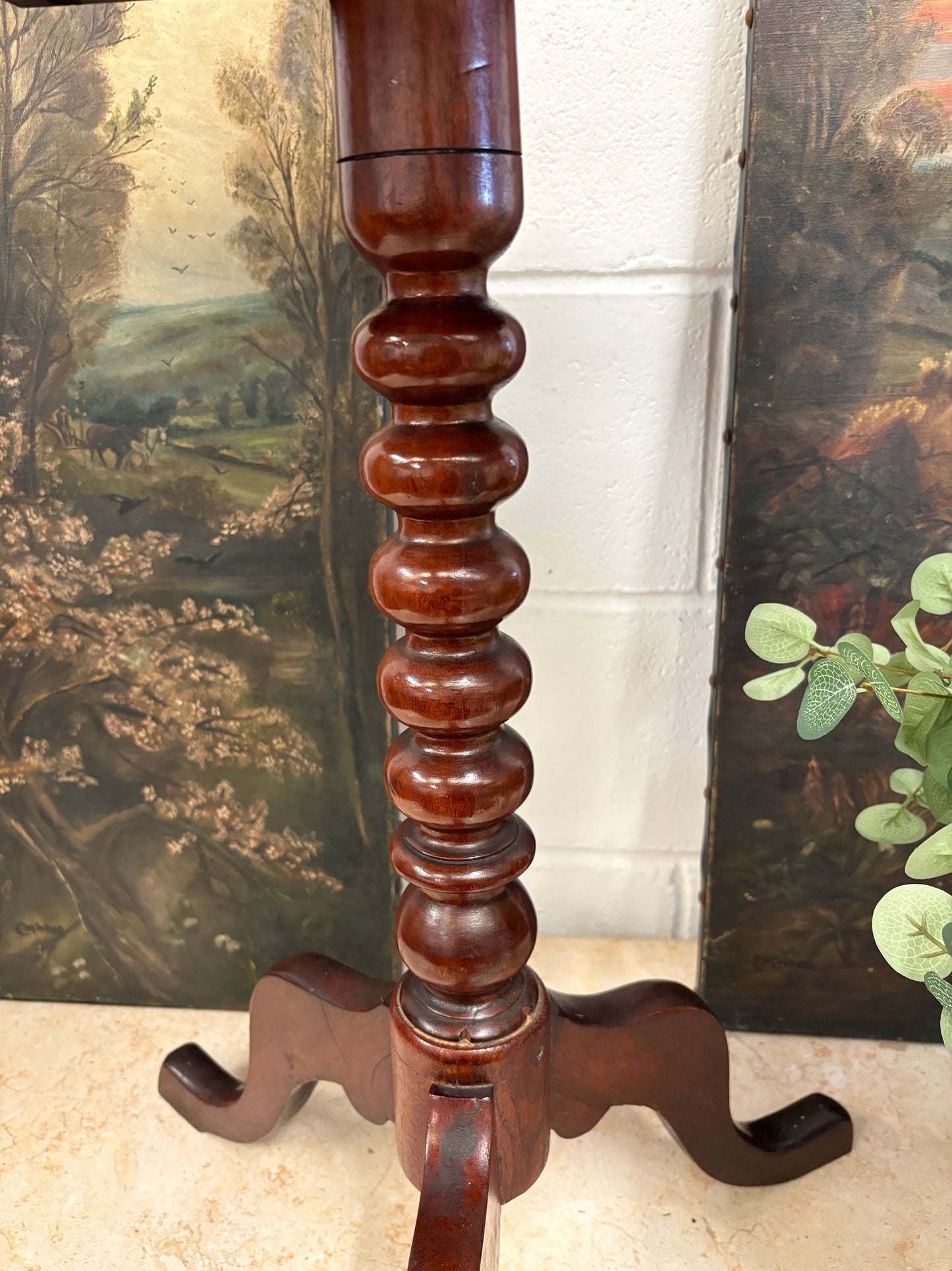 19th century mahogany oval topped occasional table on bobbin support and tripod legs