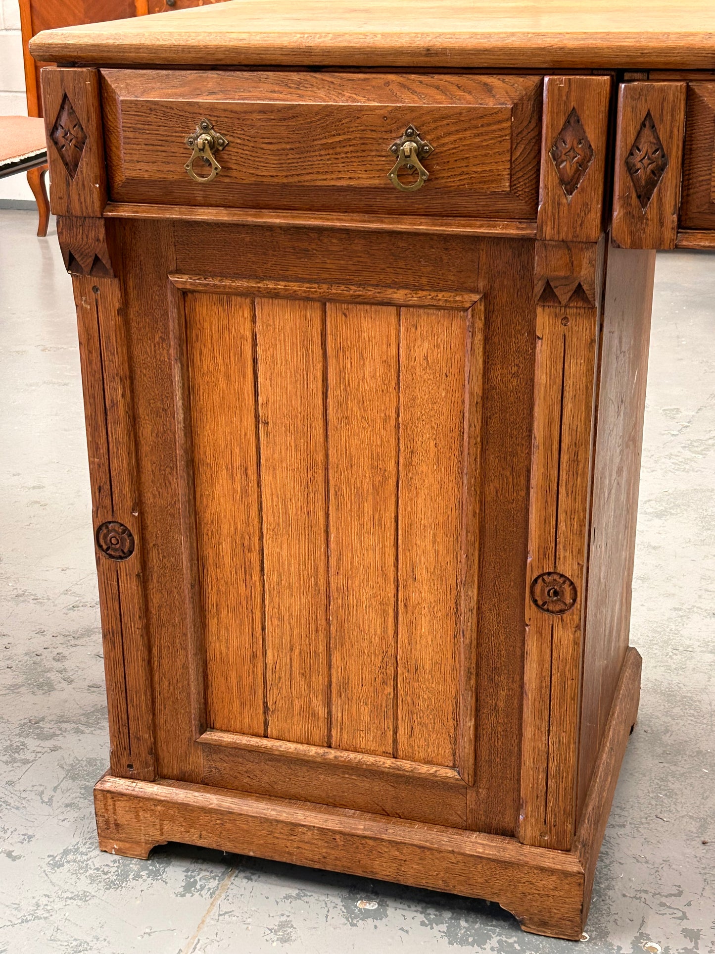 Large Victorian oak sideboard drawers cupboards carving and original handles