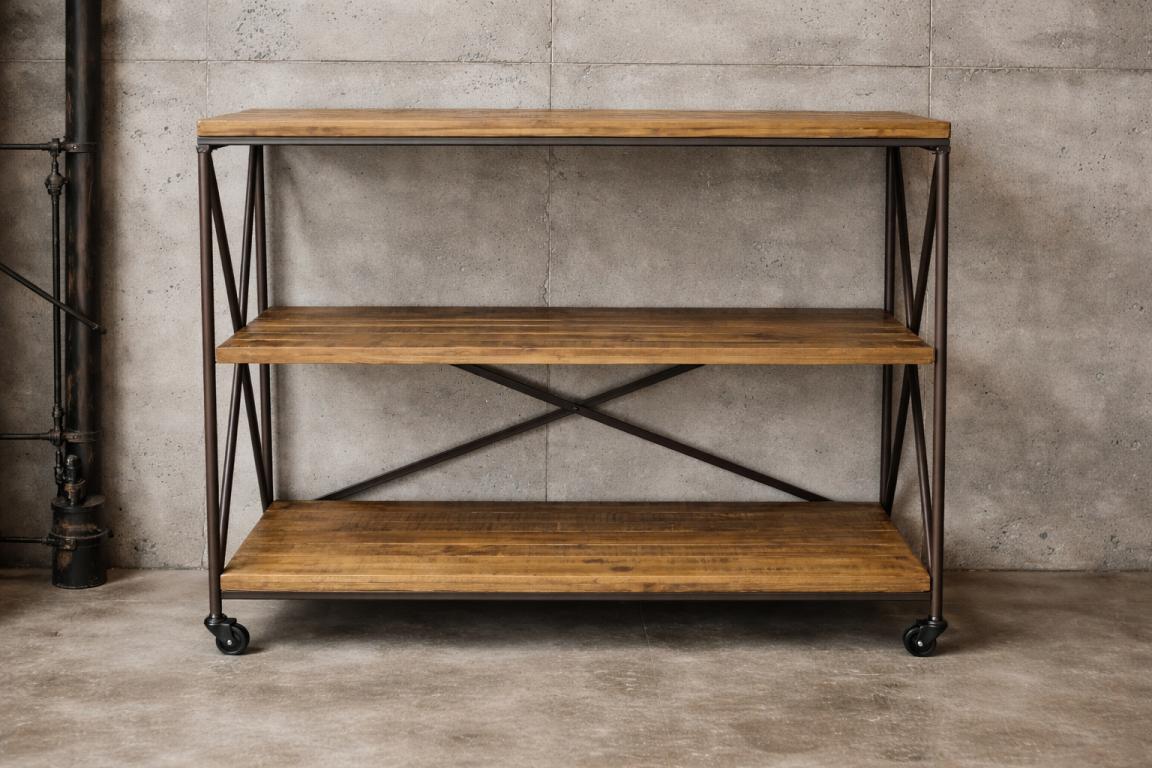 Sleek Stylish Industrial Shelves Storage Display Wood & Metal on Wheels