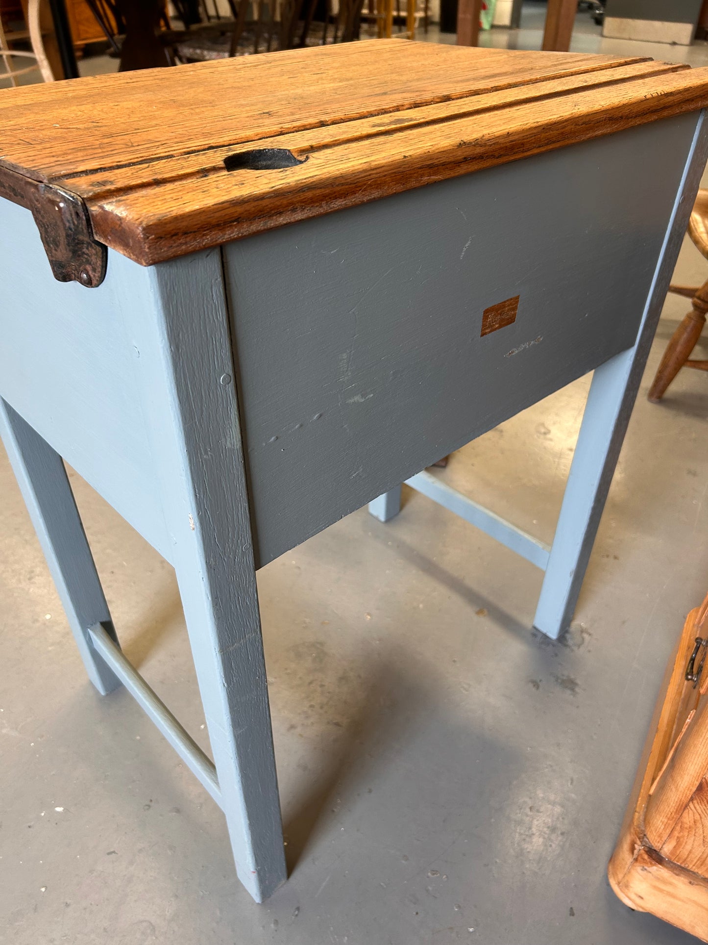 A Child’s painted blue traditional vintage school desk from 1950’s lift off lid