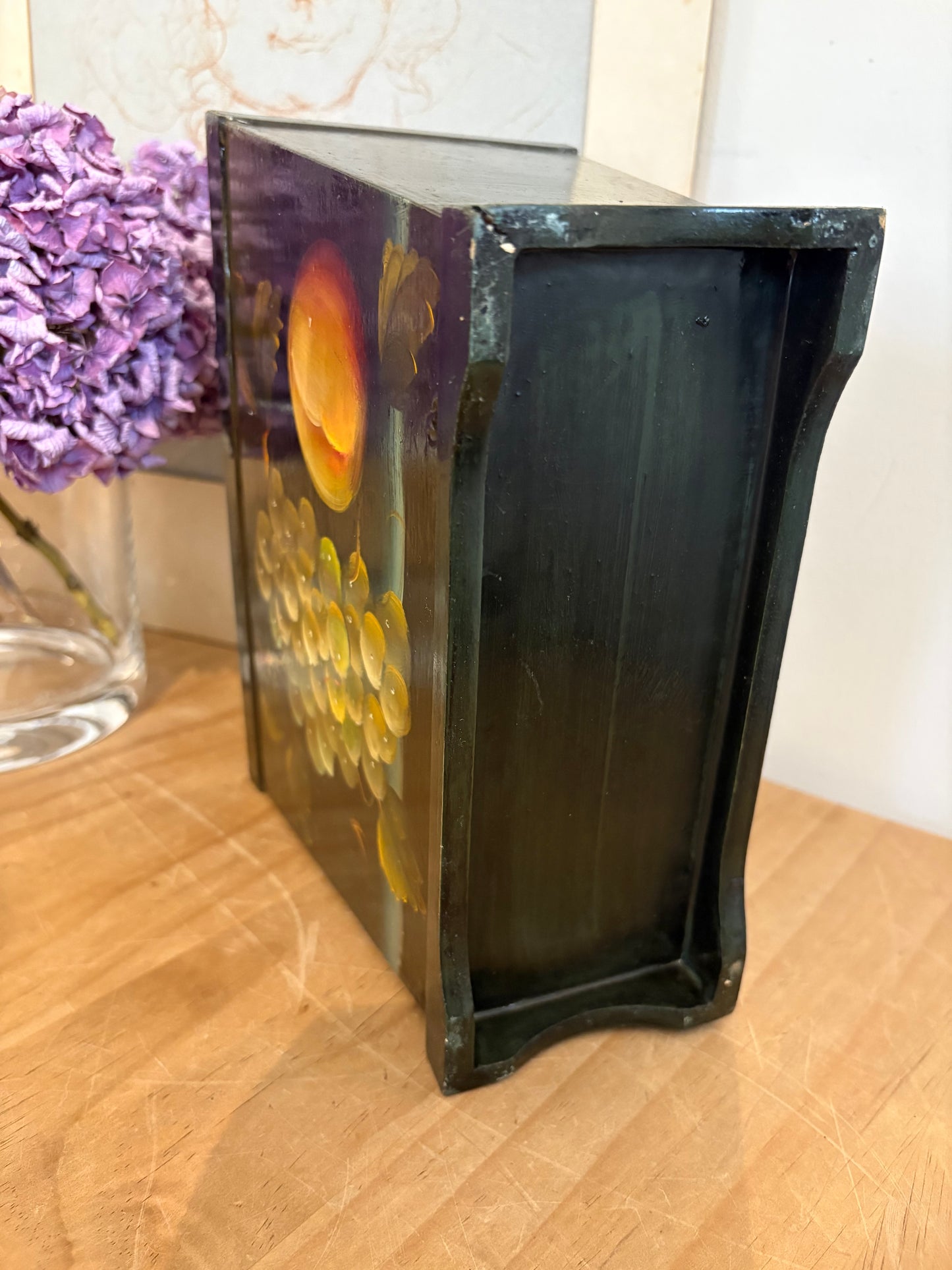 Vintage hand painted fruit design wooden trough faux flowers plants