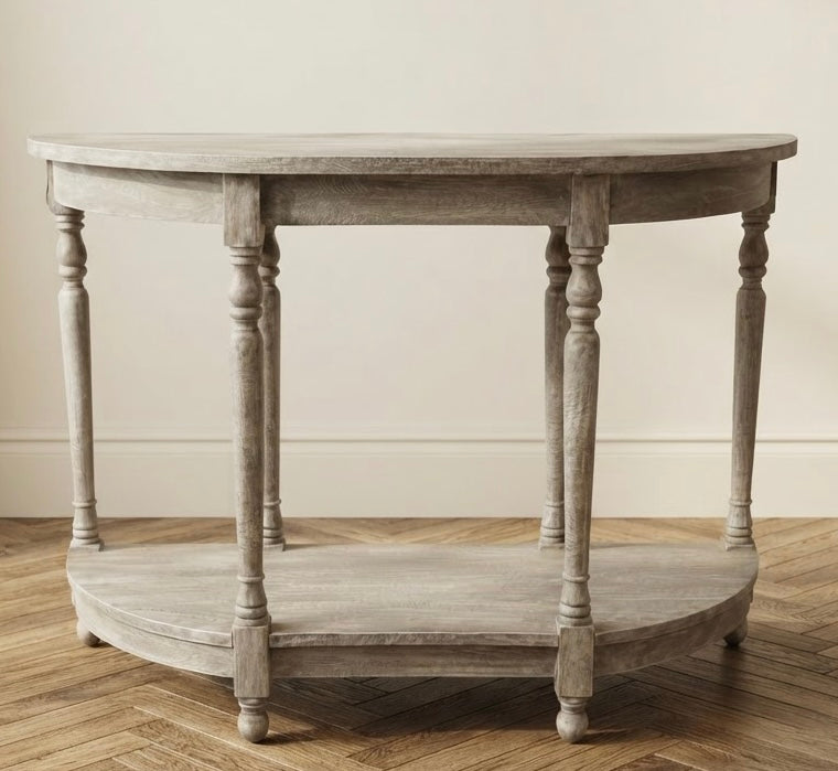 Demi-Lune Light Mahogany Console Table with undershelf Vintage Farmhouse Style
