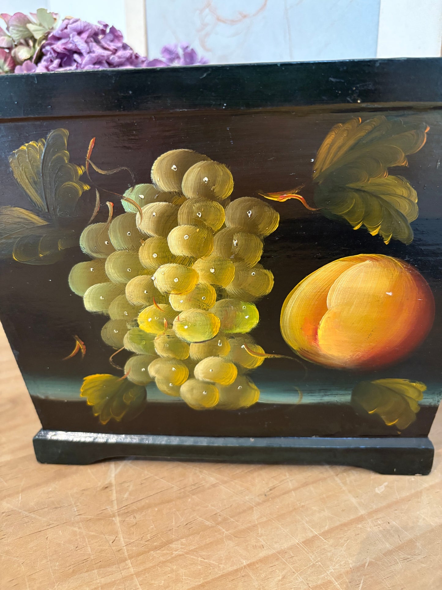 Vintage hand painted fruit design wooden trough faux flowers plants