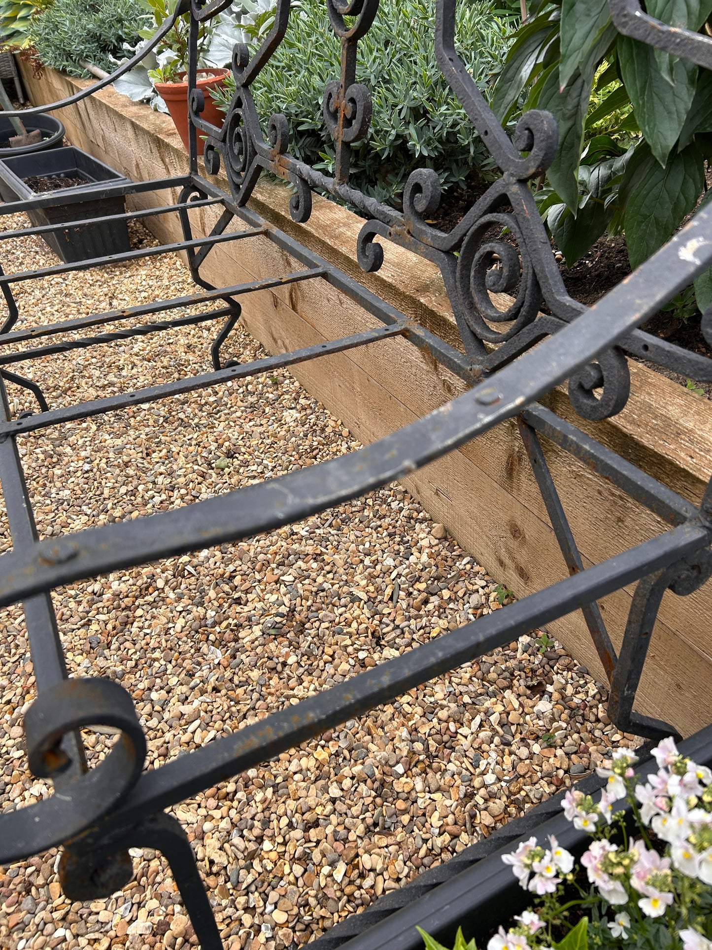 French Vintage Wrought Iron black metal bench scroll details